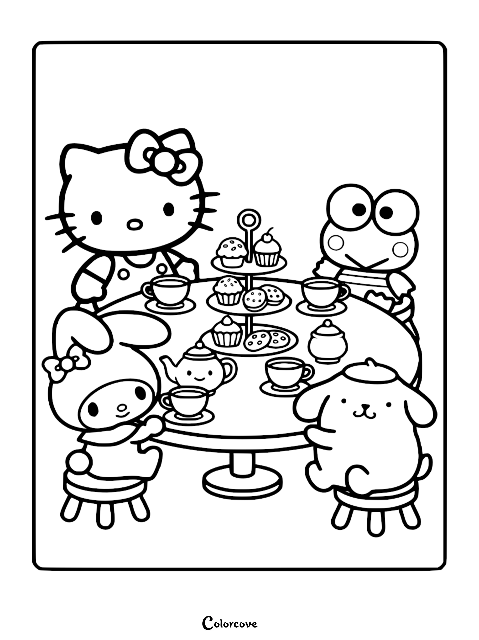 A delightful Hello Kitty and friends tea party coloring page featuring My Melody, Keroppi, and Pompompurin enjoying cupcakes and cookies at a round table.