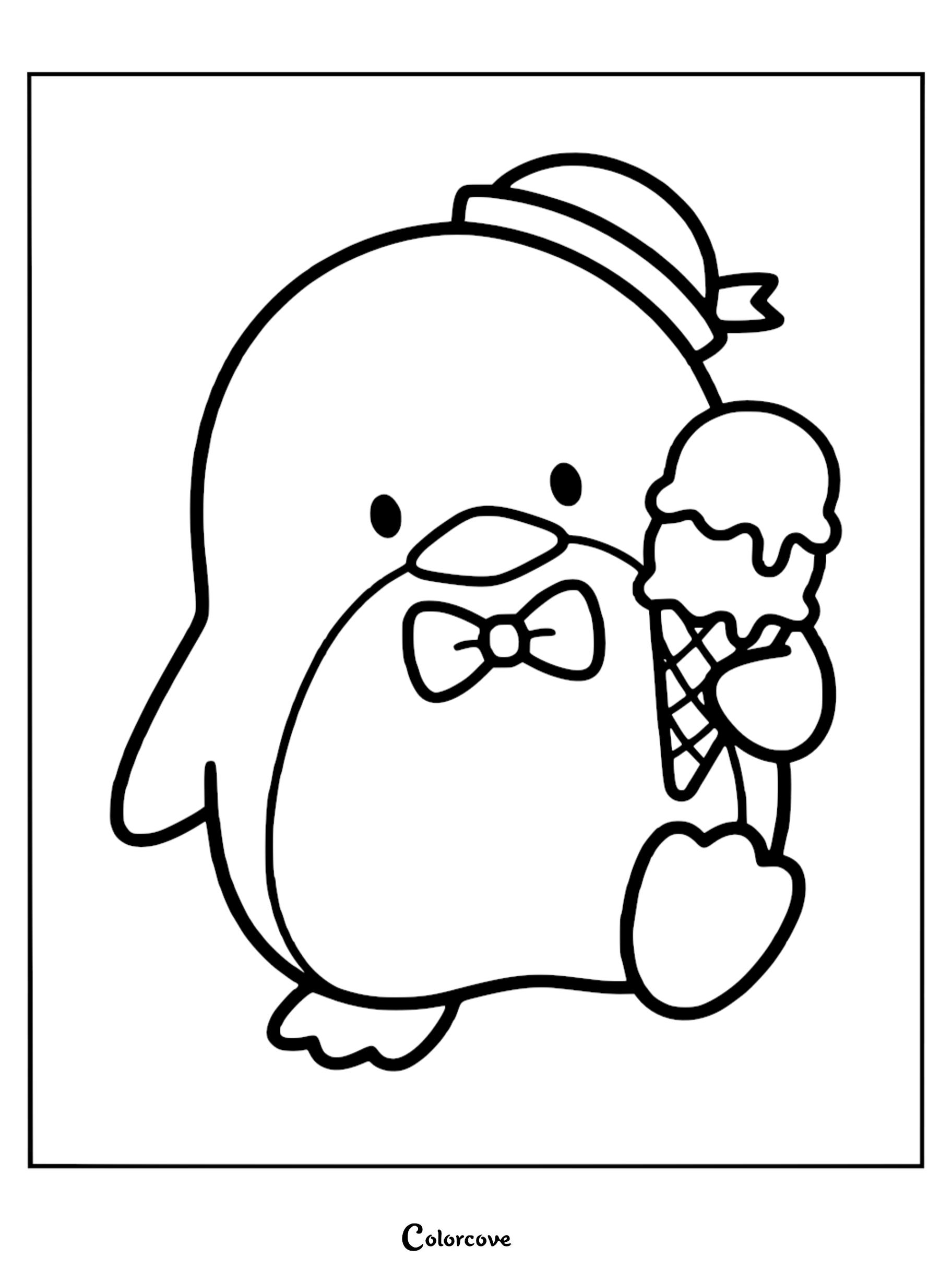 A cute Tuxedosam penguin holding a double scoop ice cream cone coloring page for kids and Sanrio fans.