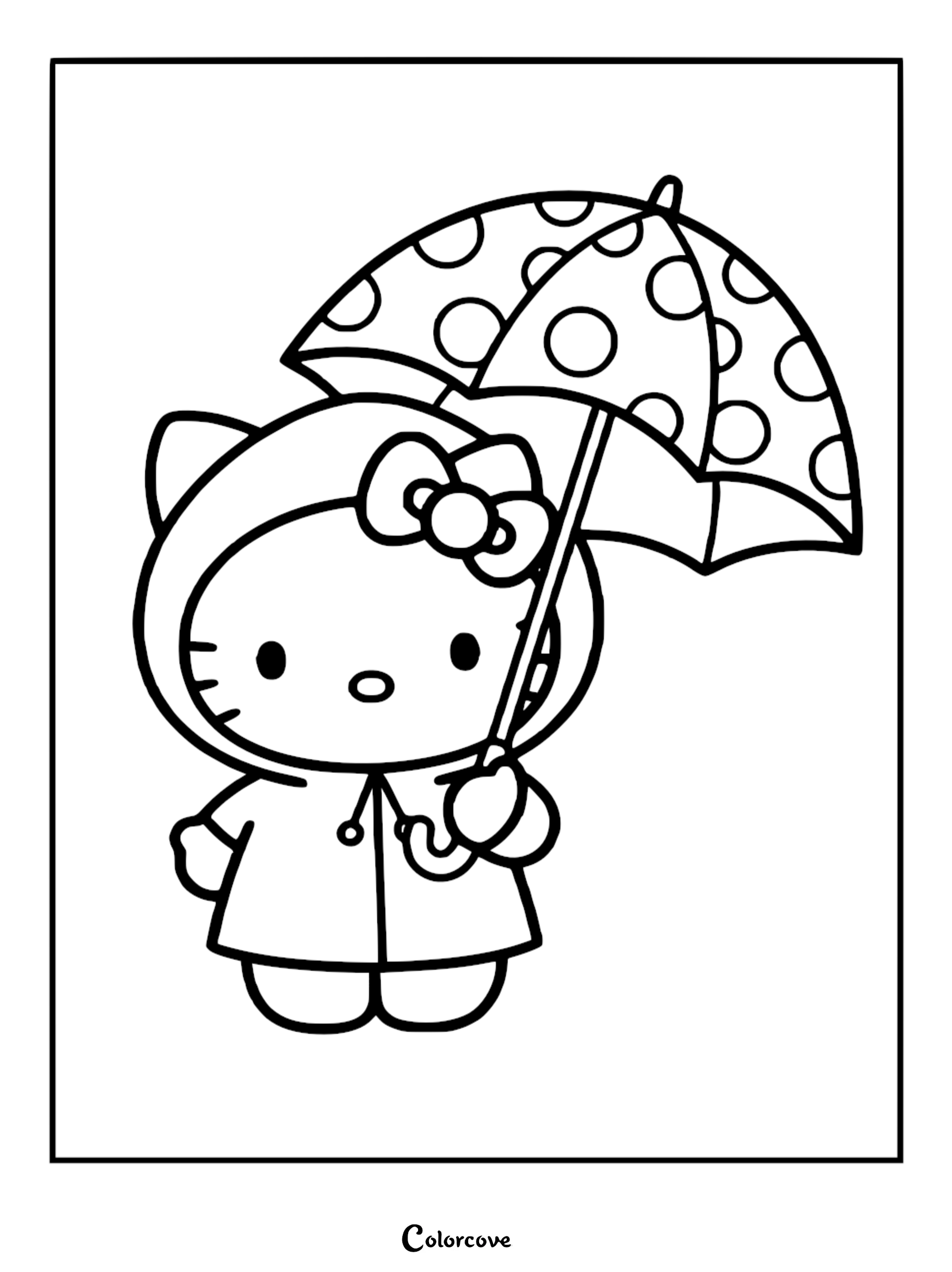 A cute Hello Kitty coloring page for kids featuring Hello Kitty wearing a hooded raincoat and holding a polka dot umbrella.