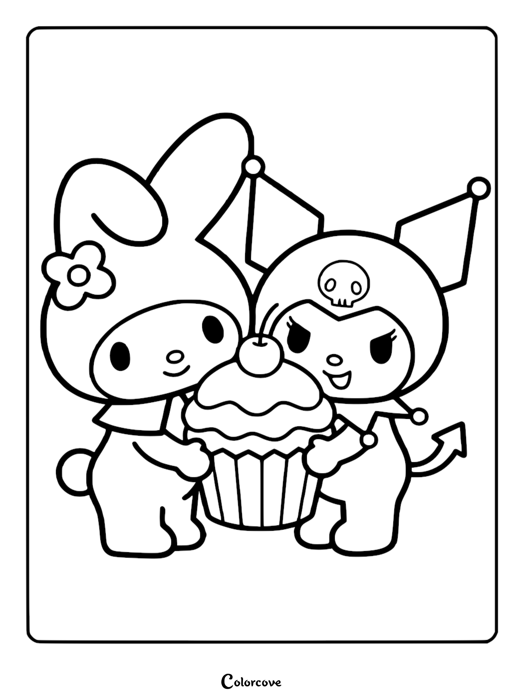 A cute My Melody and Kuromi sharing a giant cupcake coloring page for kids and Sanrio fans.