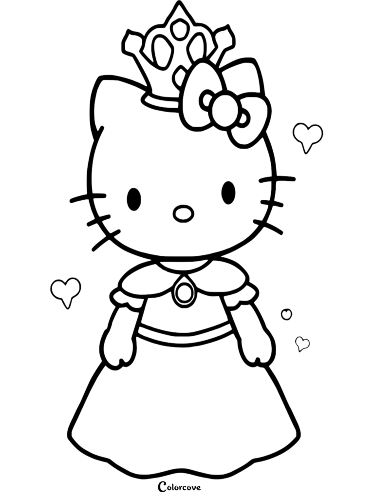Hello Kitty wearing a royal crown and princess dress in a printable coloring page with floating hearts.