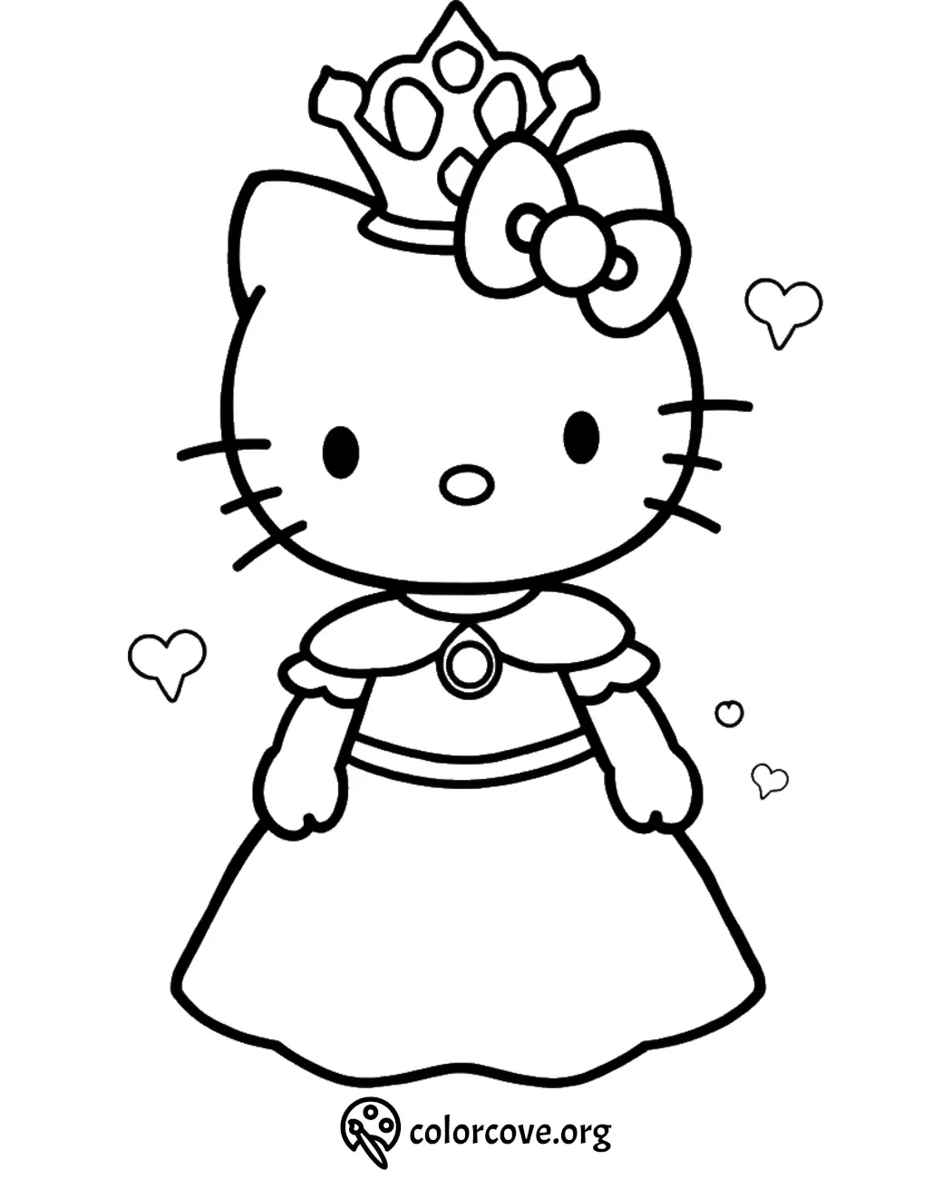 Cute cartoon cat in a princess dress with a crown, heart shapes in background. Coloring page for kids.