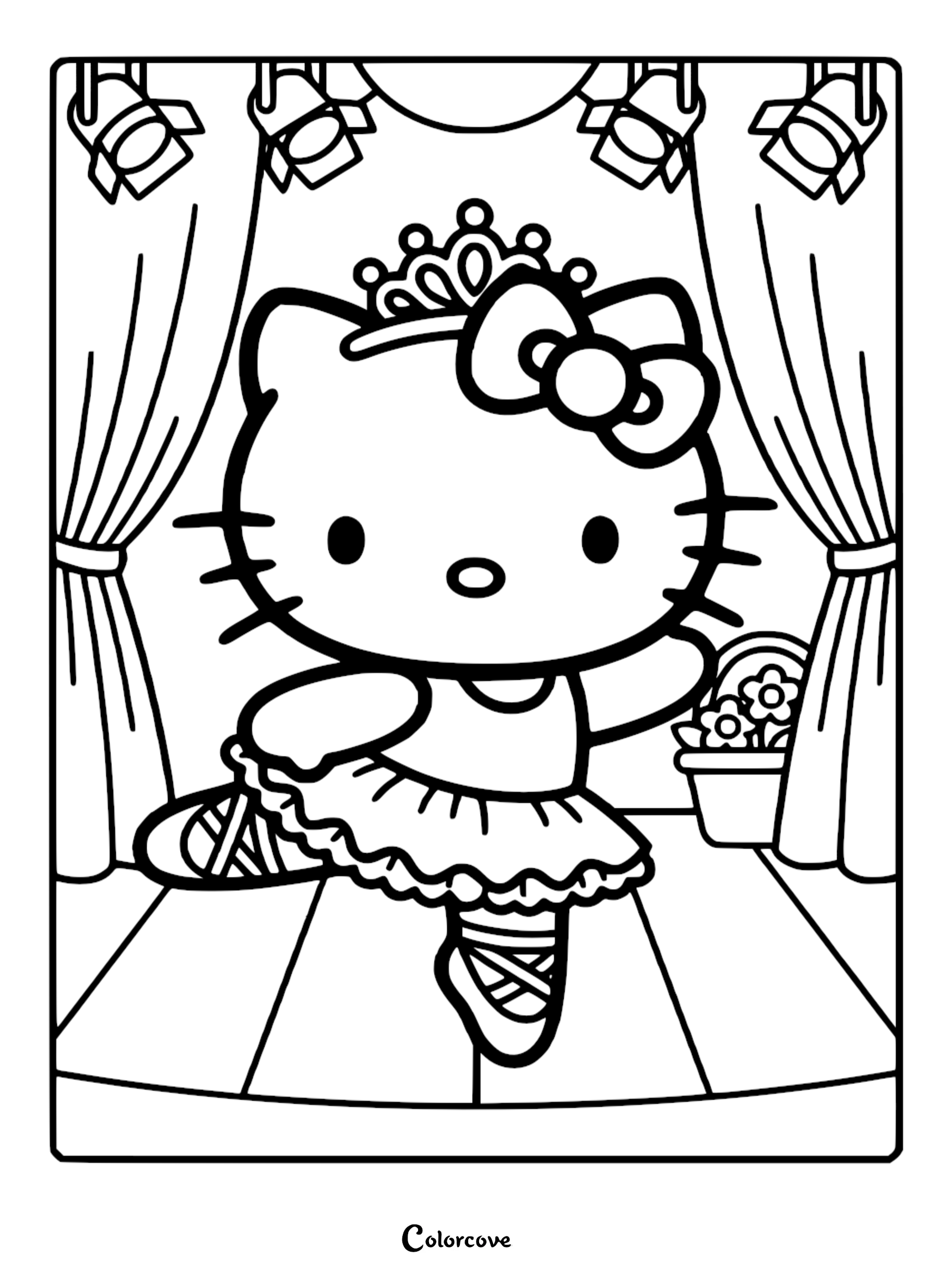 A printable Hello Kitty ballerina coloring page showing the cute character dancing on stage in a tutu, tiara, and ballet slippers under spotlights.