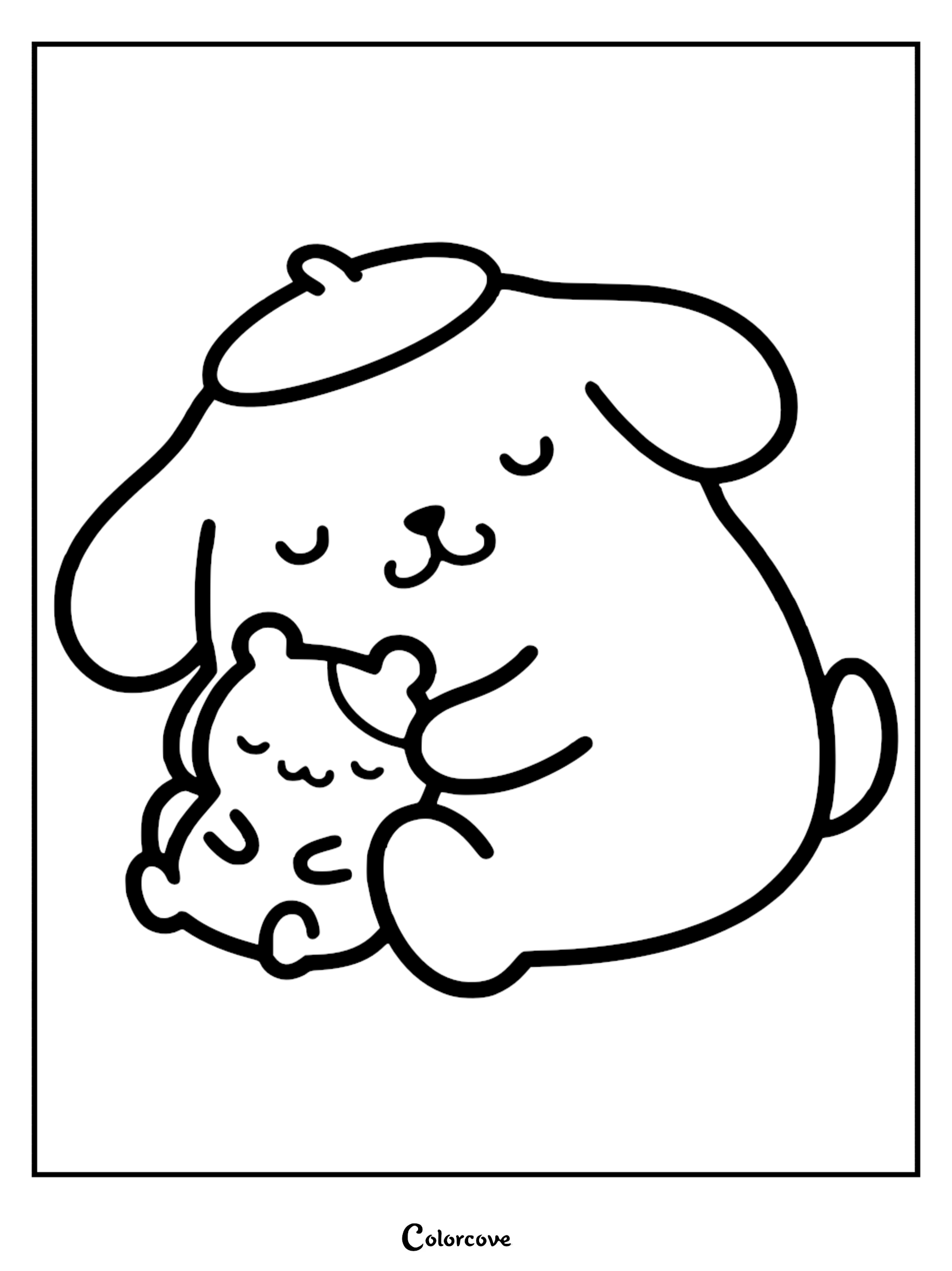 A cute Pompompurin hugging his hamster friend Muffin coloring page, featuring the Sanrio golden retriever dog wearing his signature beret.