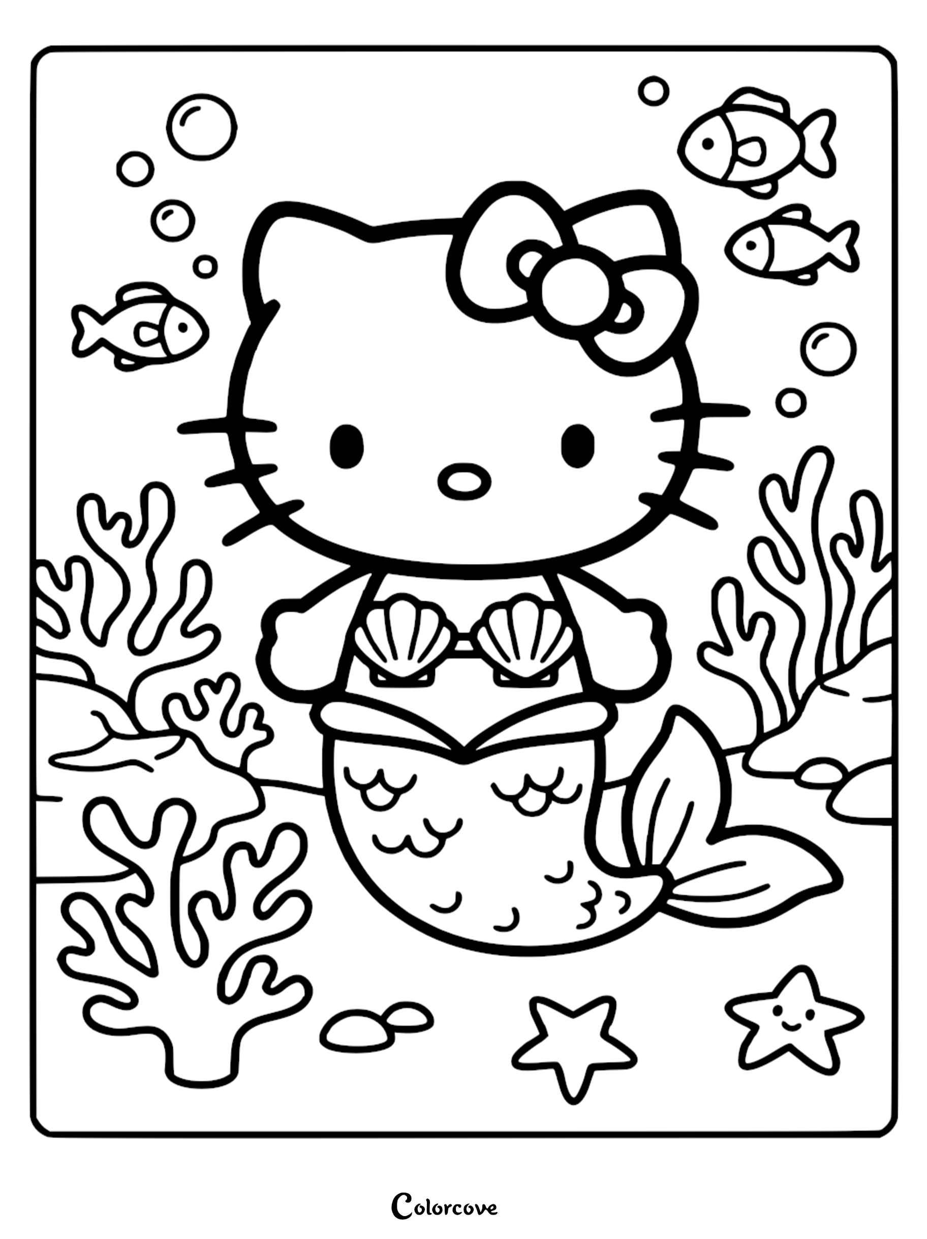 A cute Hello Kitty mermaid coloring page featuring an underwater scene with fish, coral, and starfish for kids to color.