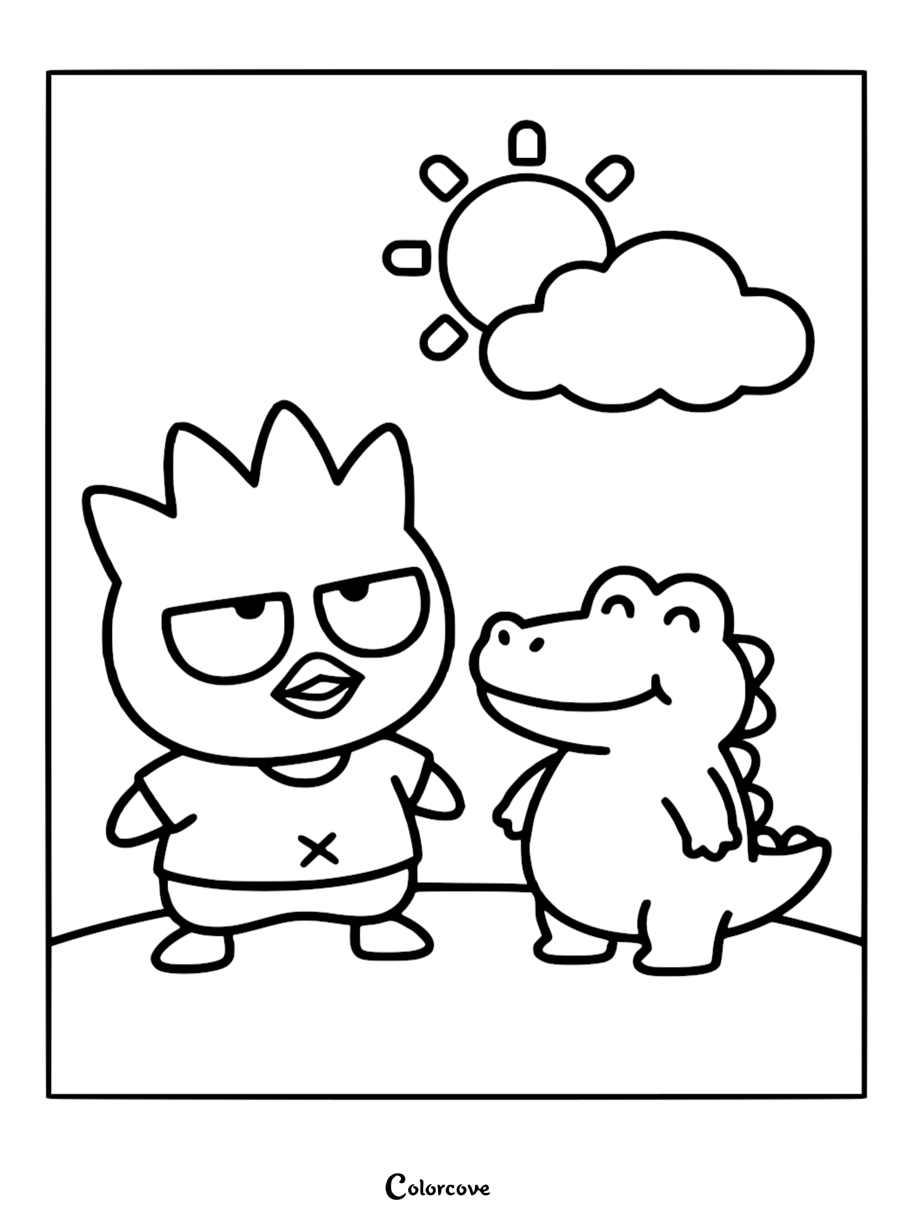 A printable coloring page of Sanrio characters Badtz-Maru and Pochi the crocodile standing together under a sun and cloud.