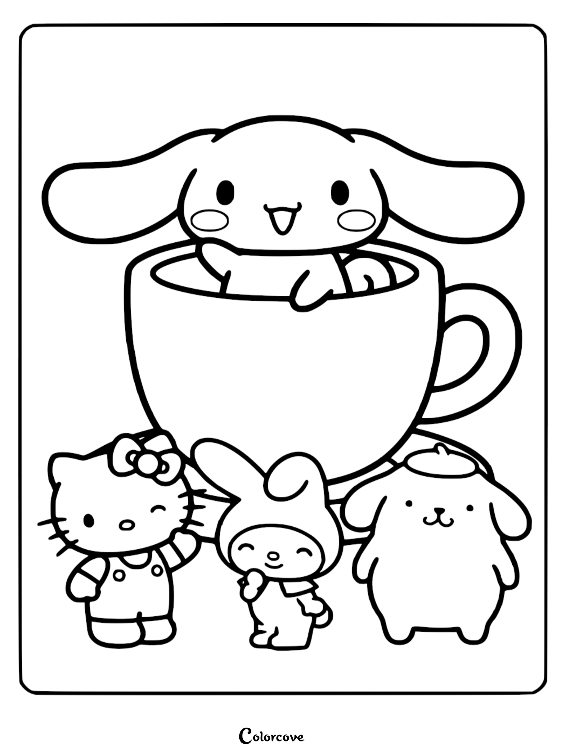 A printable Hello Kitty and friends coloring page featuring Cinnamoroll in a giant teacup with My Melody and Pompompurin for kids.