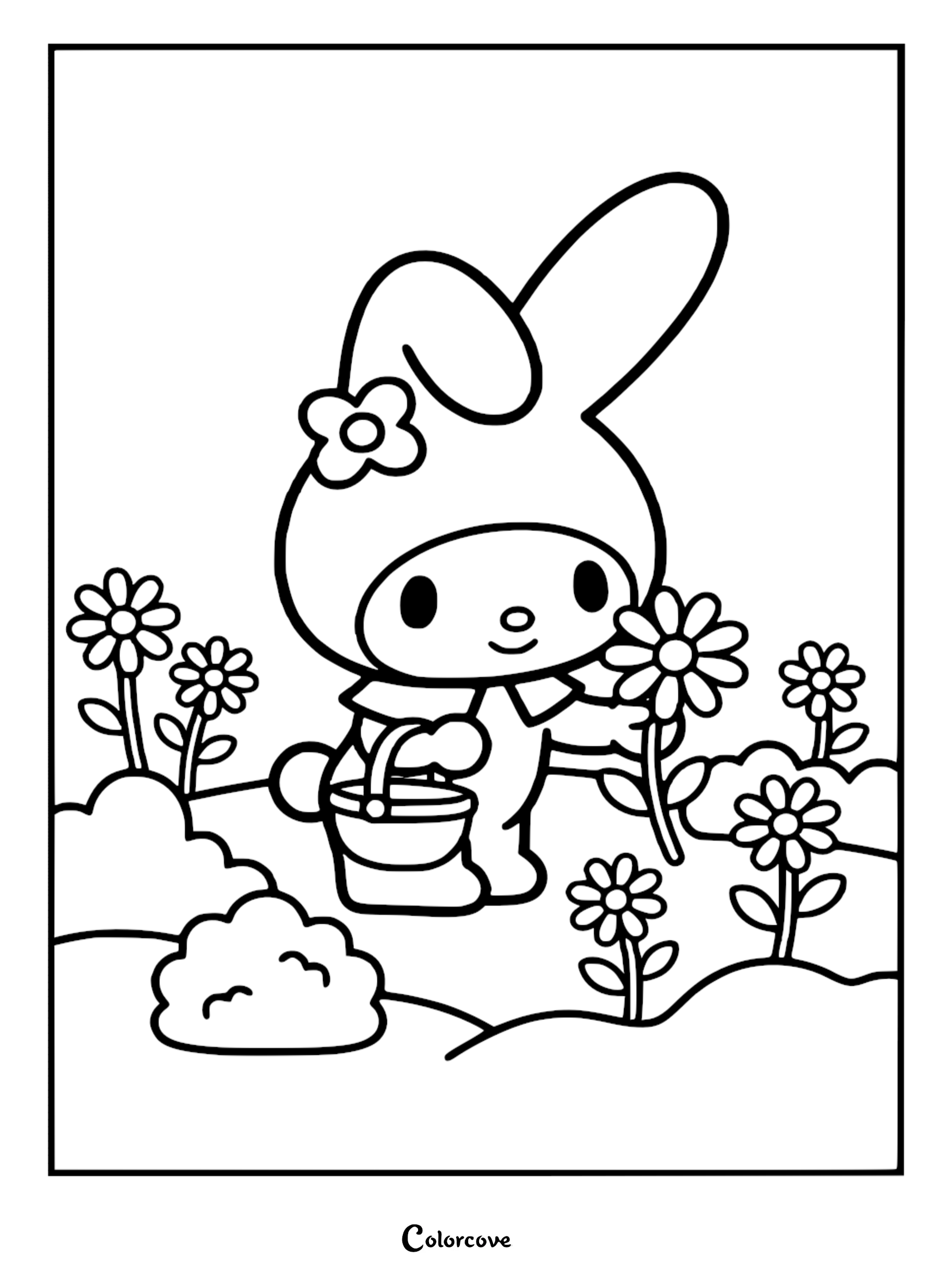 A cute My Melody coloring page for kids featuring Hello Kitty's rabbit friend holding a basket in a garden full of daisies.