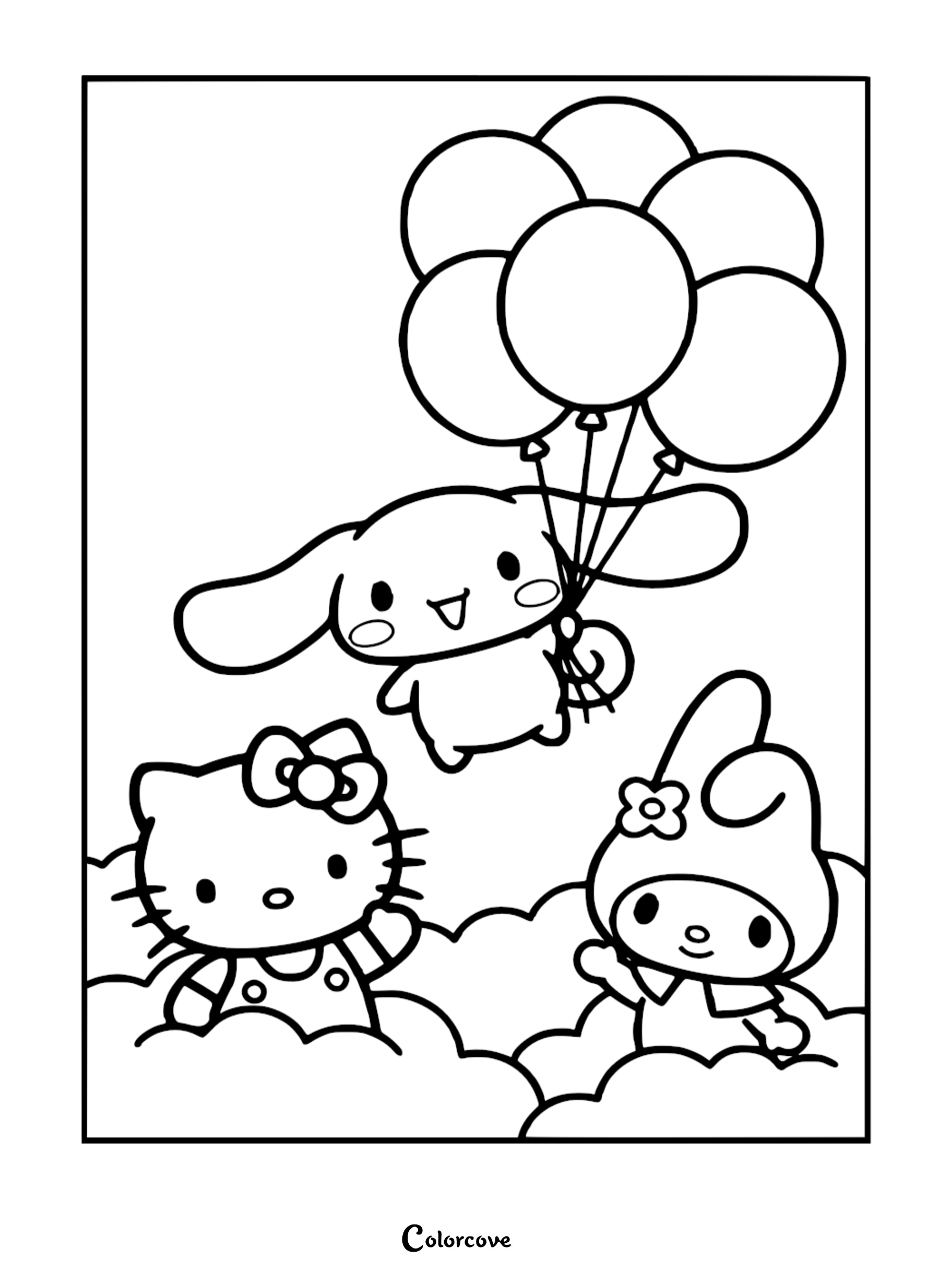 A printable coloring page featuring Hello Kitty, My Melody, and Cinnamoroll floating in the clouds with a bunch of balloons.