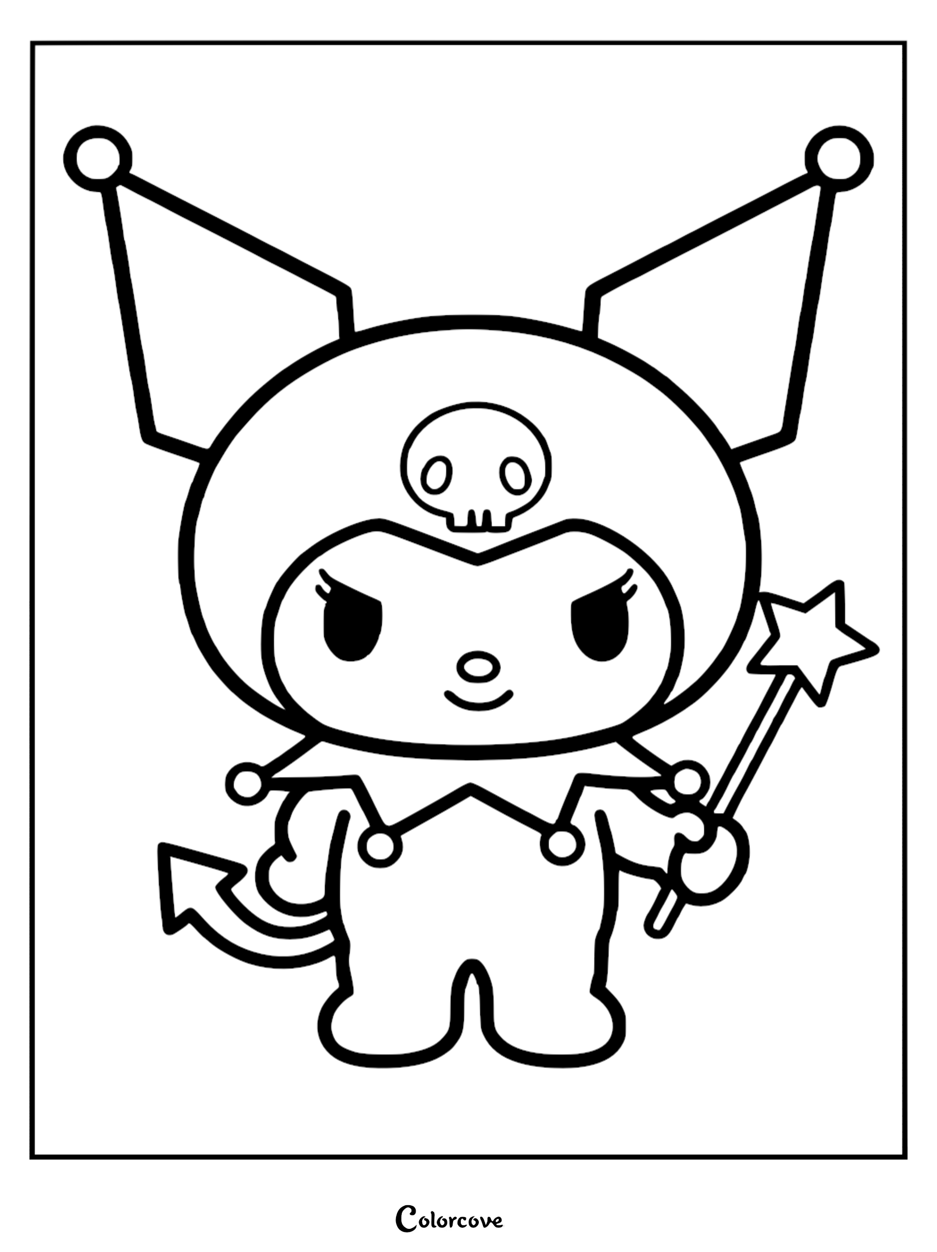 A cute Kuromi coloring page for kids featuring the Sanrio character from the Hello Kitty universe wearing a jester hat and holding a magic wand.