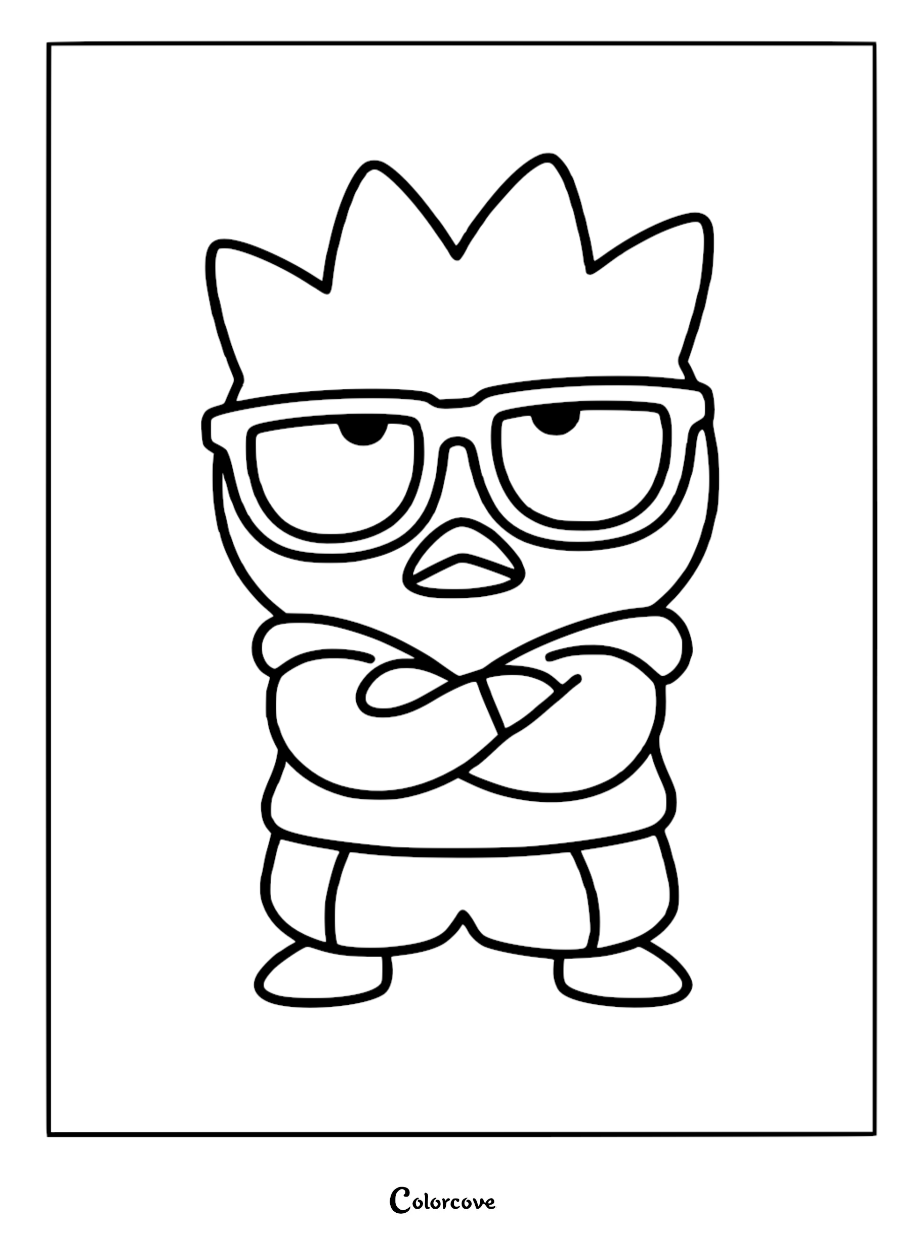 A free printable Badtz-Maru coloring page for kids, featuring the cool Sanrio penguin character wearing stylish glasses and a hoodie.
