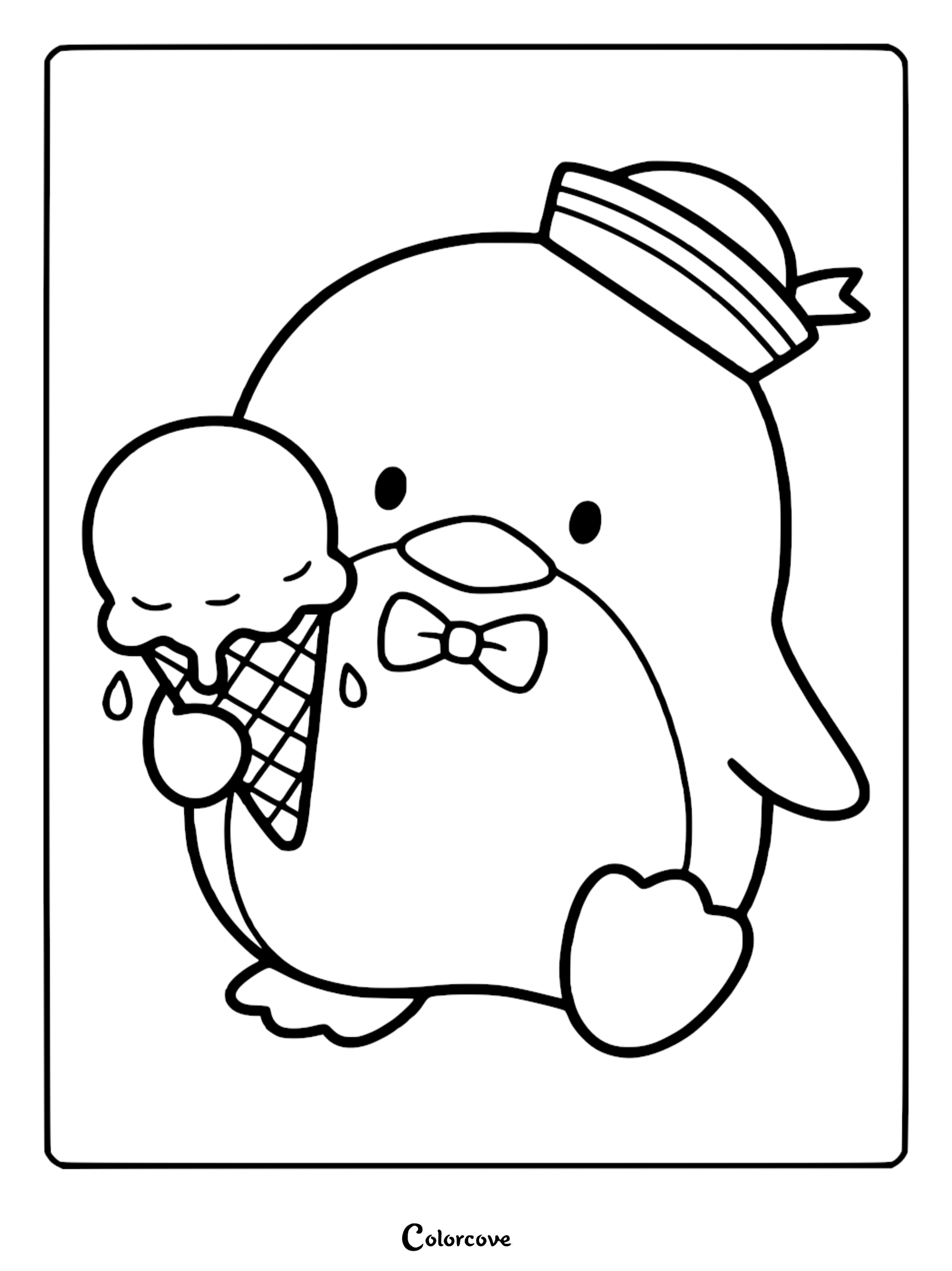 Cute Tuxedosam penguin wearing a sailor hat and holding a melting ice cream cone coloring page for Sanrio fans.