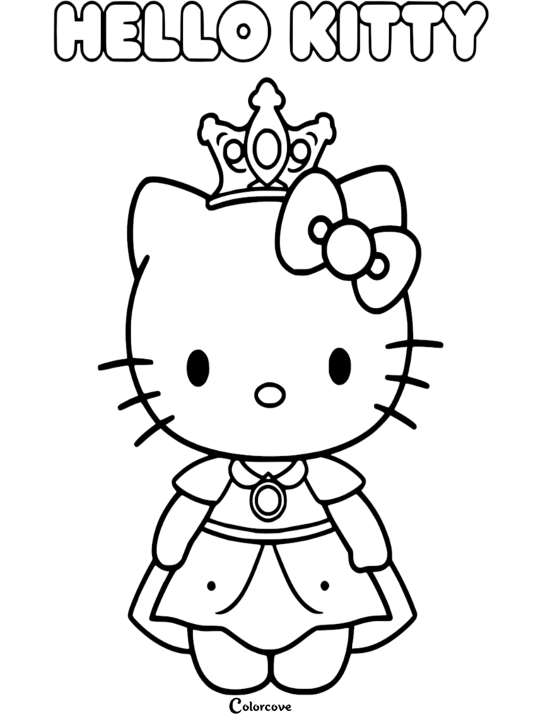 Hello Kitty wearing a royal crown and princess dress in a free printable coloring page.