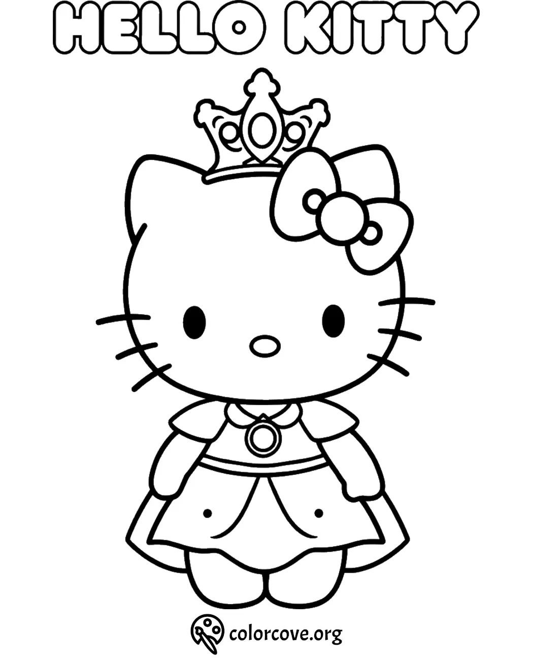 Hello Kitty princess coloring page with tiara and dress for kids.