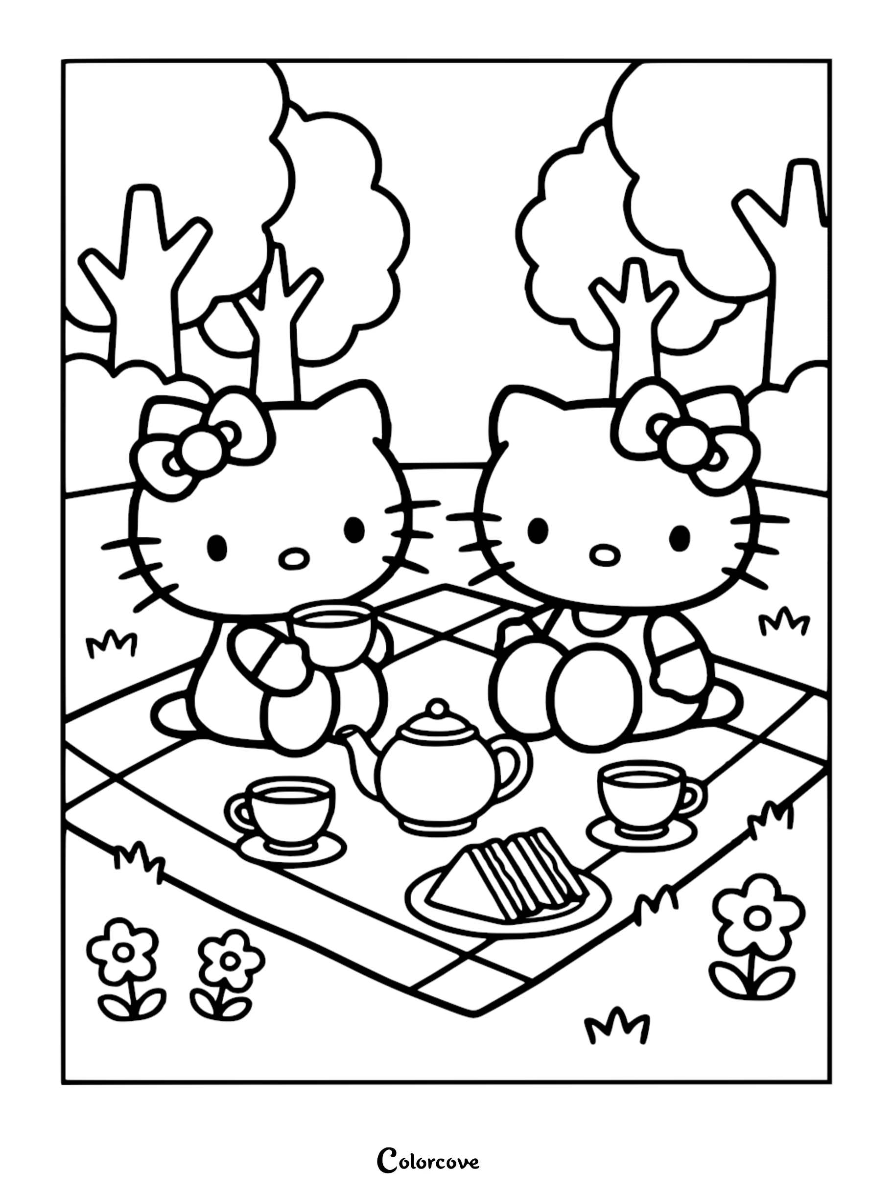 A cute Hello Kitty picnic tea party coloring page featuring two Hello Kitty characters sitting on a blanket with a teapot, cups, and snacks in a park.
