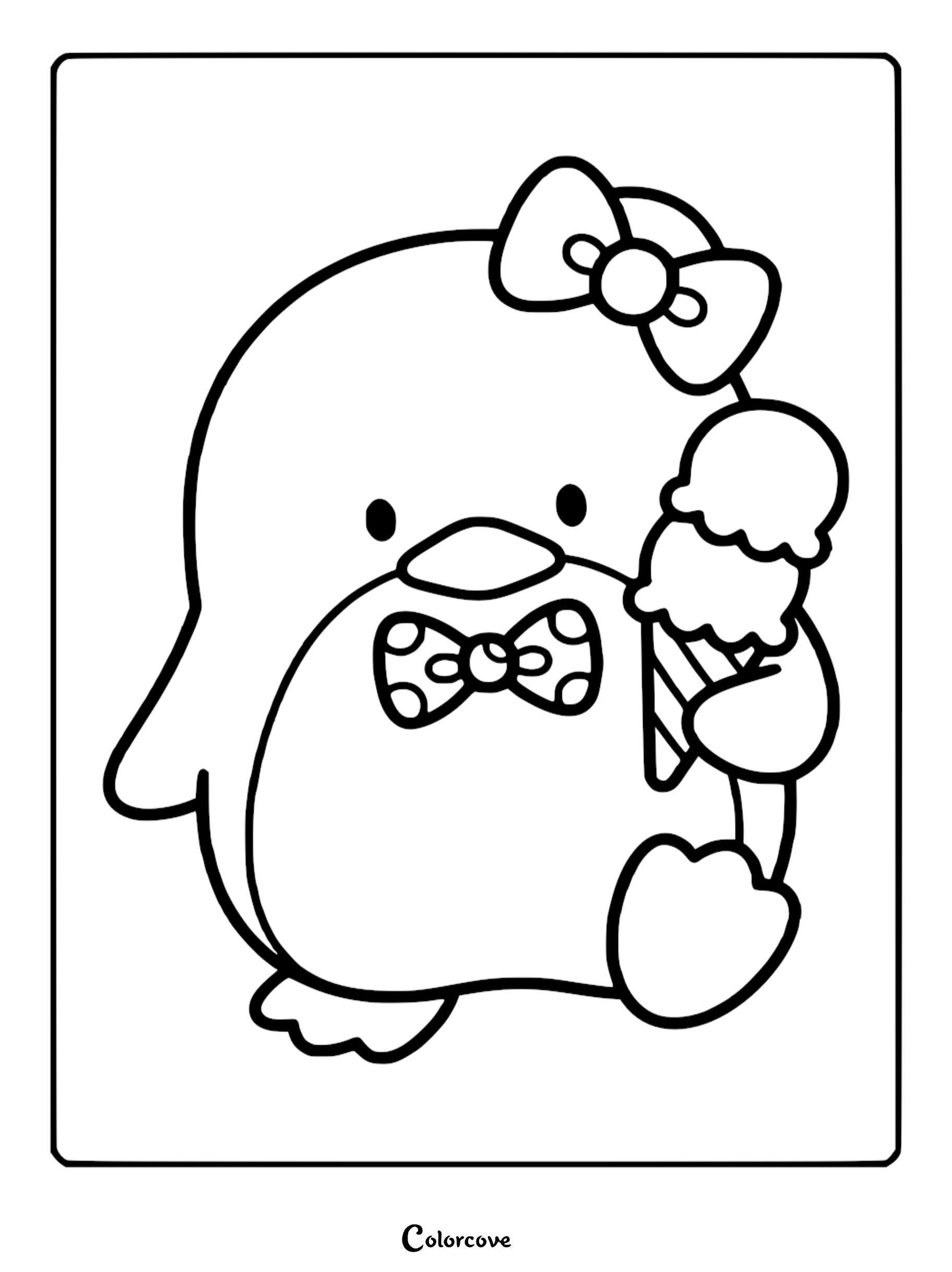 A cute Sanrio style penguin with a hair bow and polka dot bowtie holding a double scoop ice cream cone coloring page for kids