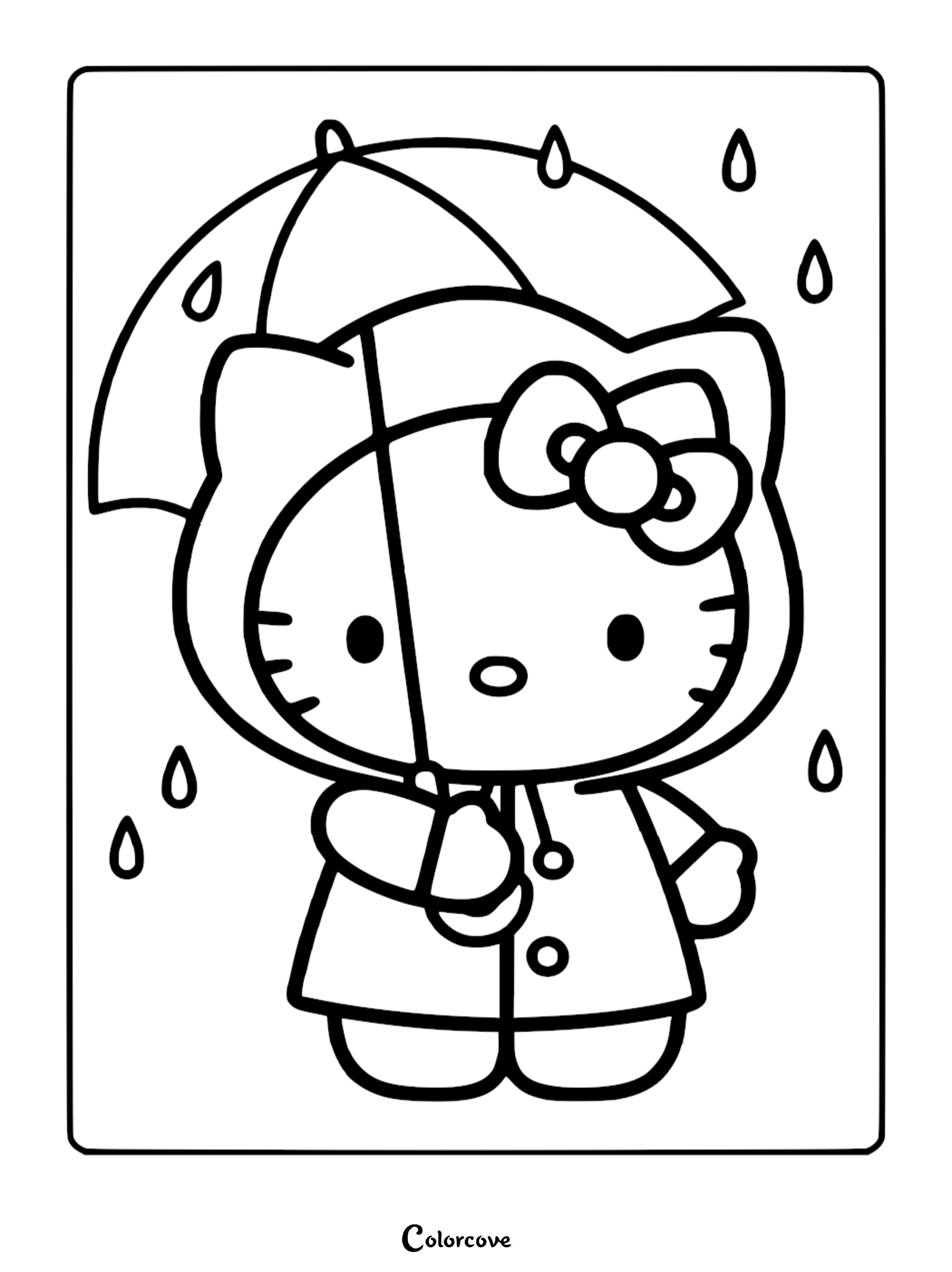 A cute Hello Kitty coloring page for kids featuring Hello Kitty wearing a raincoat and holding an umbrella in the rain.