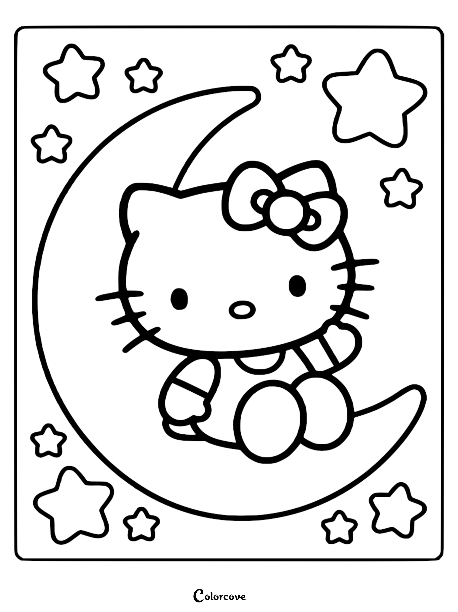 A cute Hello Kitty sitting on a crescent moon surrounded by twinkling stars coloring page for kids to print and color.