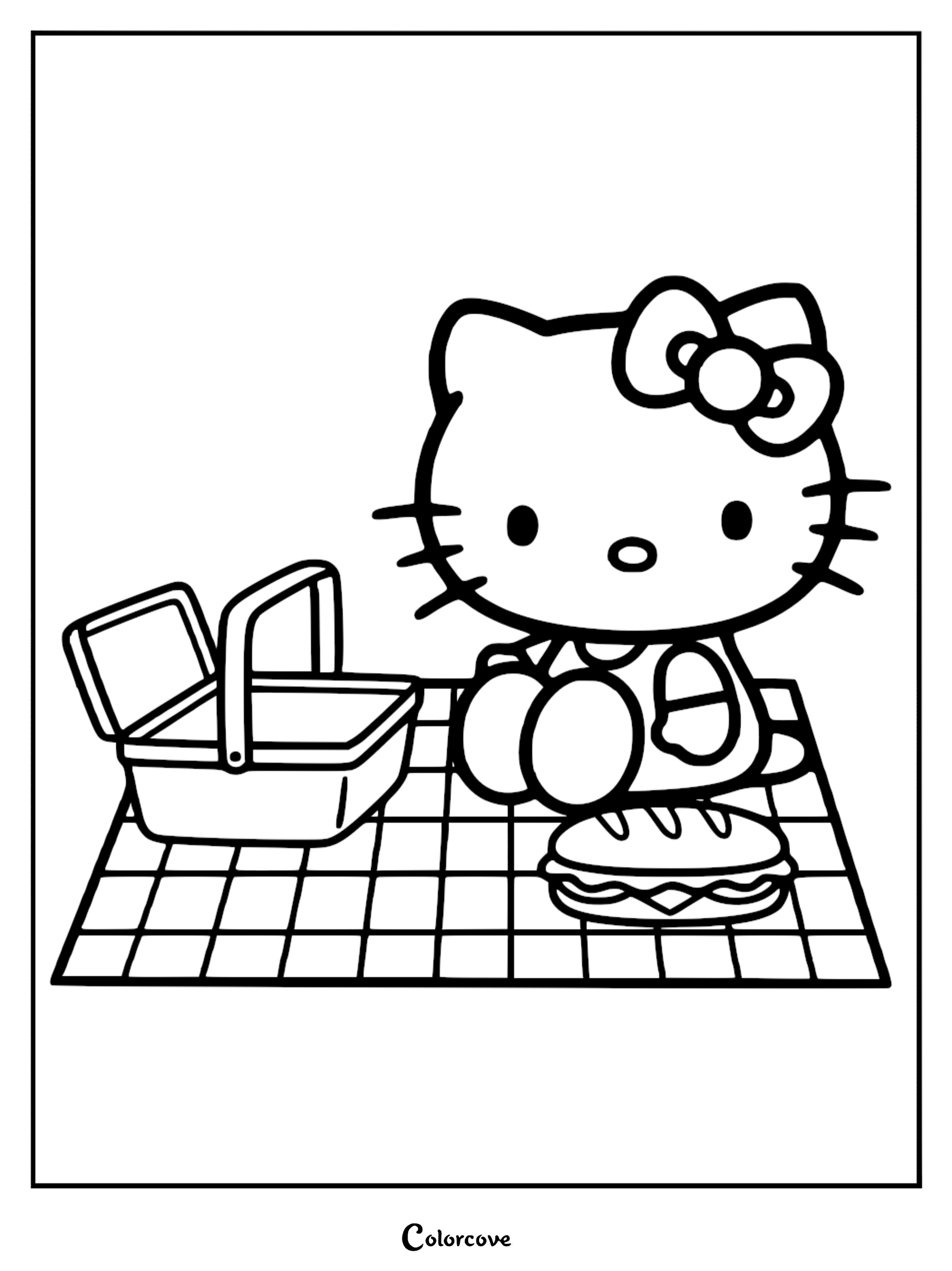 A cute Hello Kitty picnic coloring page for kids featuring Hello Kitty sitting on a blanket with a picnic basket and a sandwich.