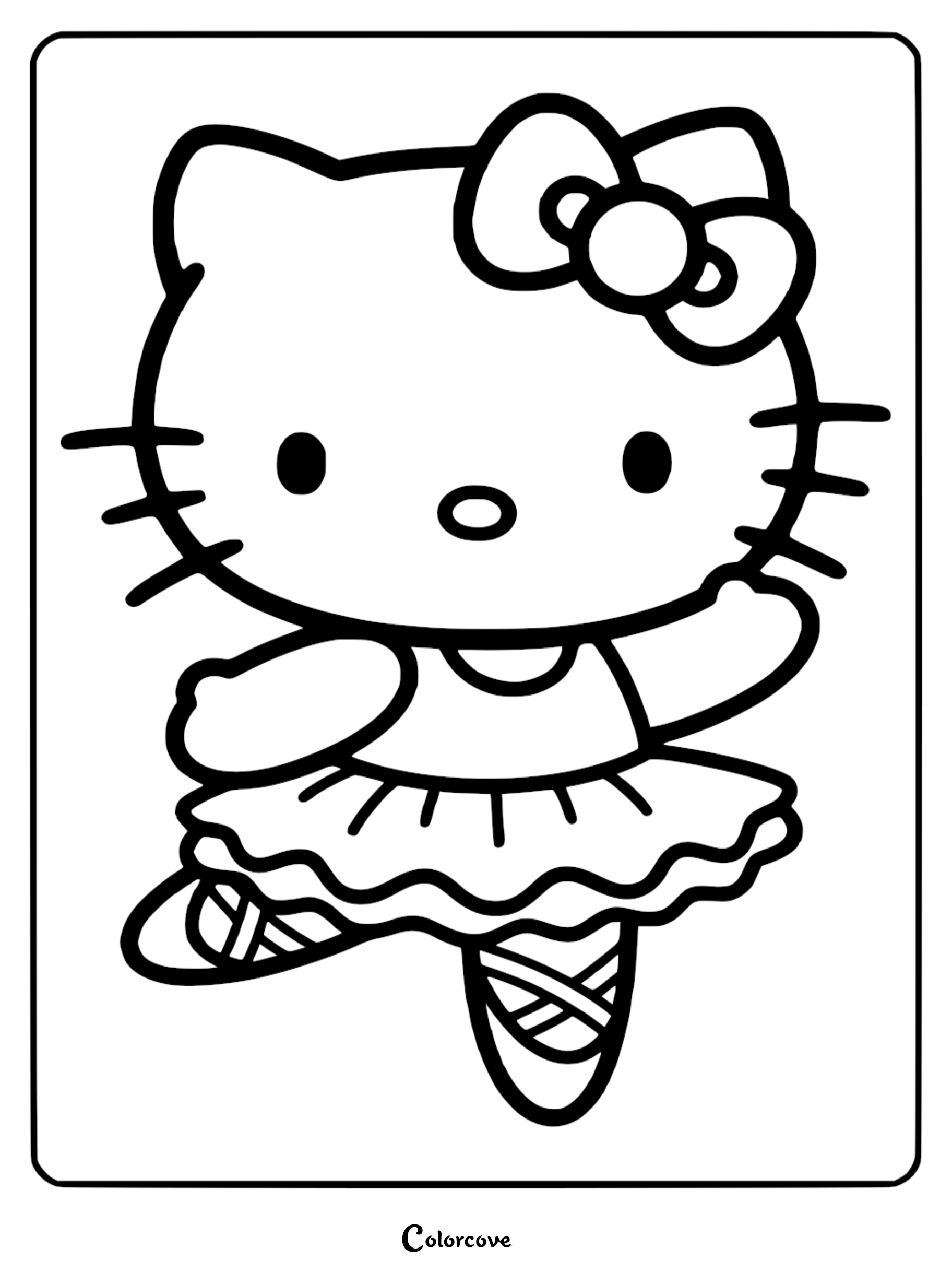A cute Hello Kitty ballerina coloring page for kids featuring Hello Kitty wearing a tutu and ballet shoes while dancing.