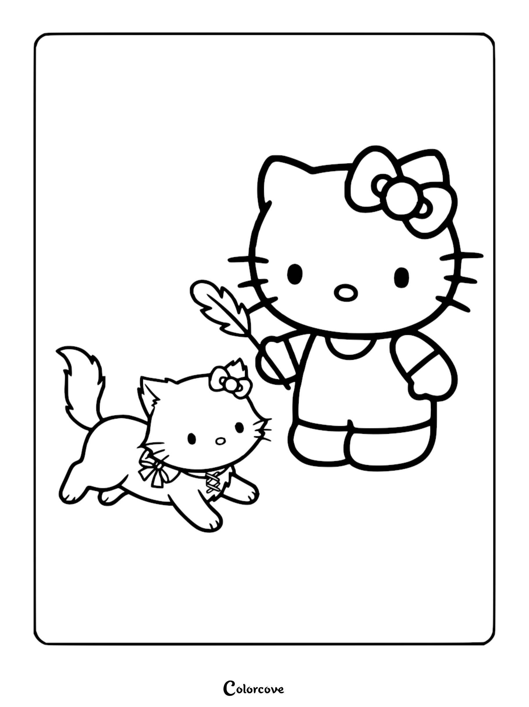 A printable Hello Kitty coloring page showing Hello Kitty using a feather toy to play with a cute kitten.