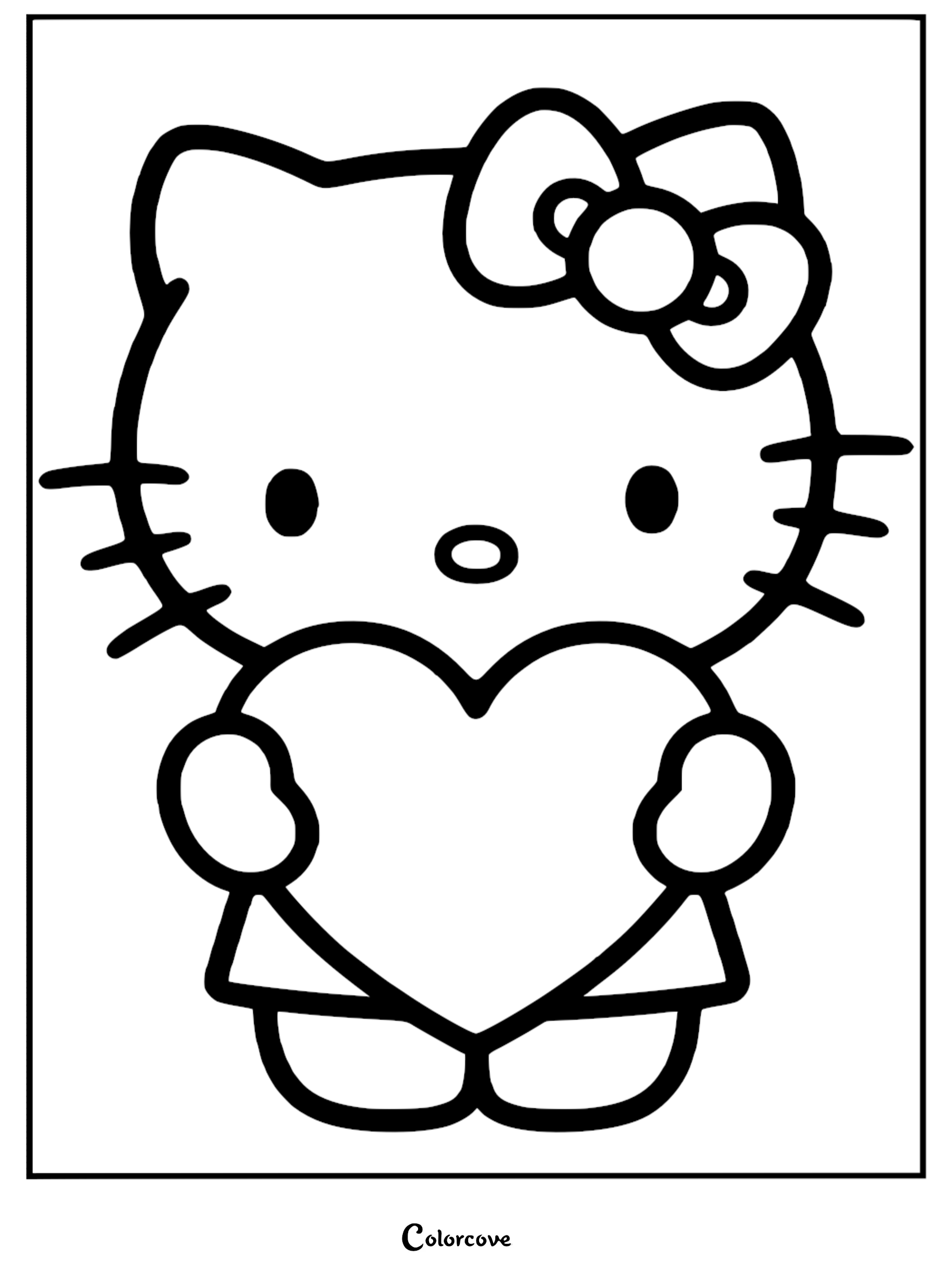 A cute and simple Hello Kitty coloring page for kids featuring Hello Kitty holding a large heart and wearing her iconic bow.