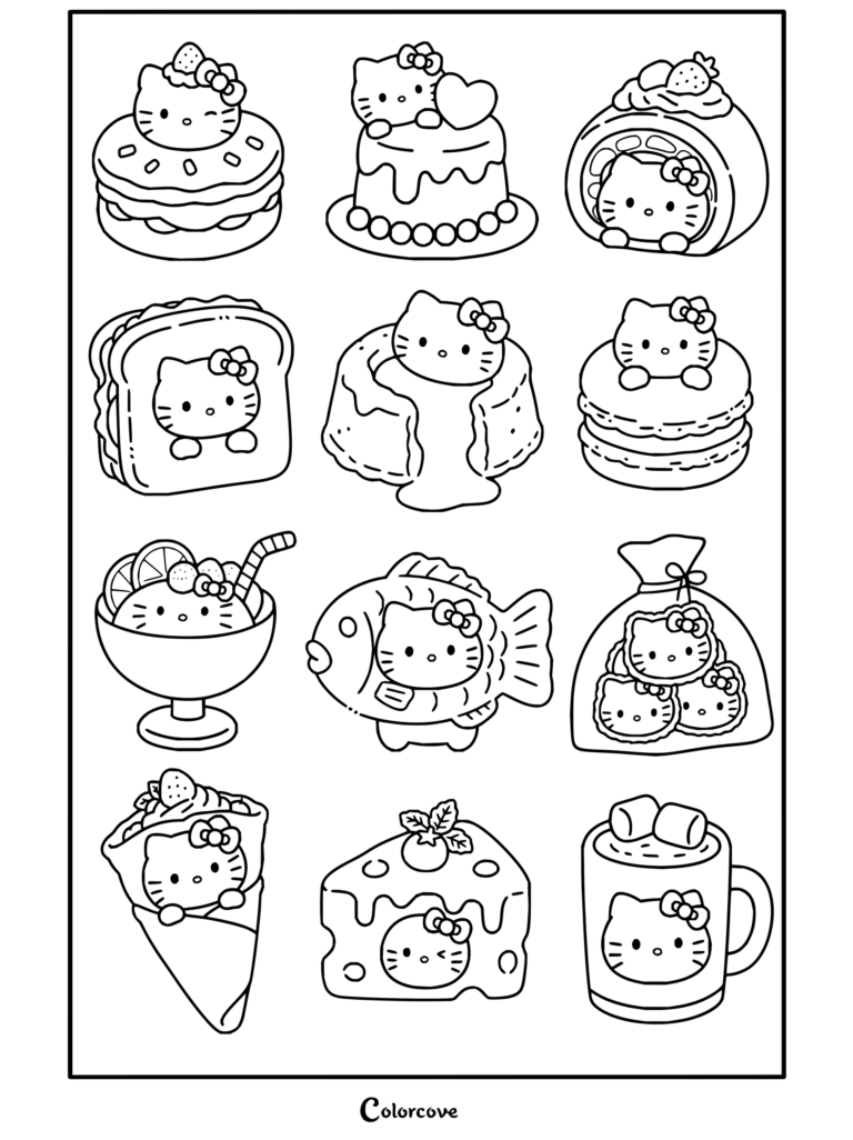 Coloriage Hello Kitty et ses amis présentant une planche d'autocollants de Hello Kitty au cœur de divers desserts et friandises.
