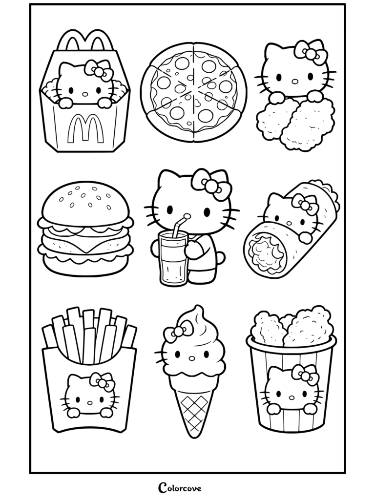 Coloriage Hello Kitty avec divers autocollants sur le thème du fast-food comprenant frites McDonald's, burger, pizza, Coca-Cola, glace et nuggets pour les fans de Hello Kitty et ses amis