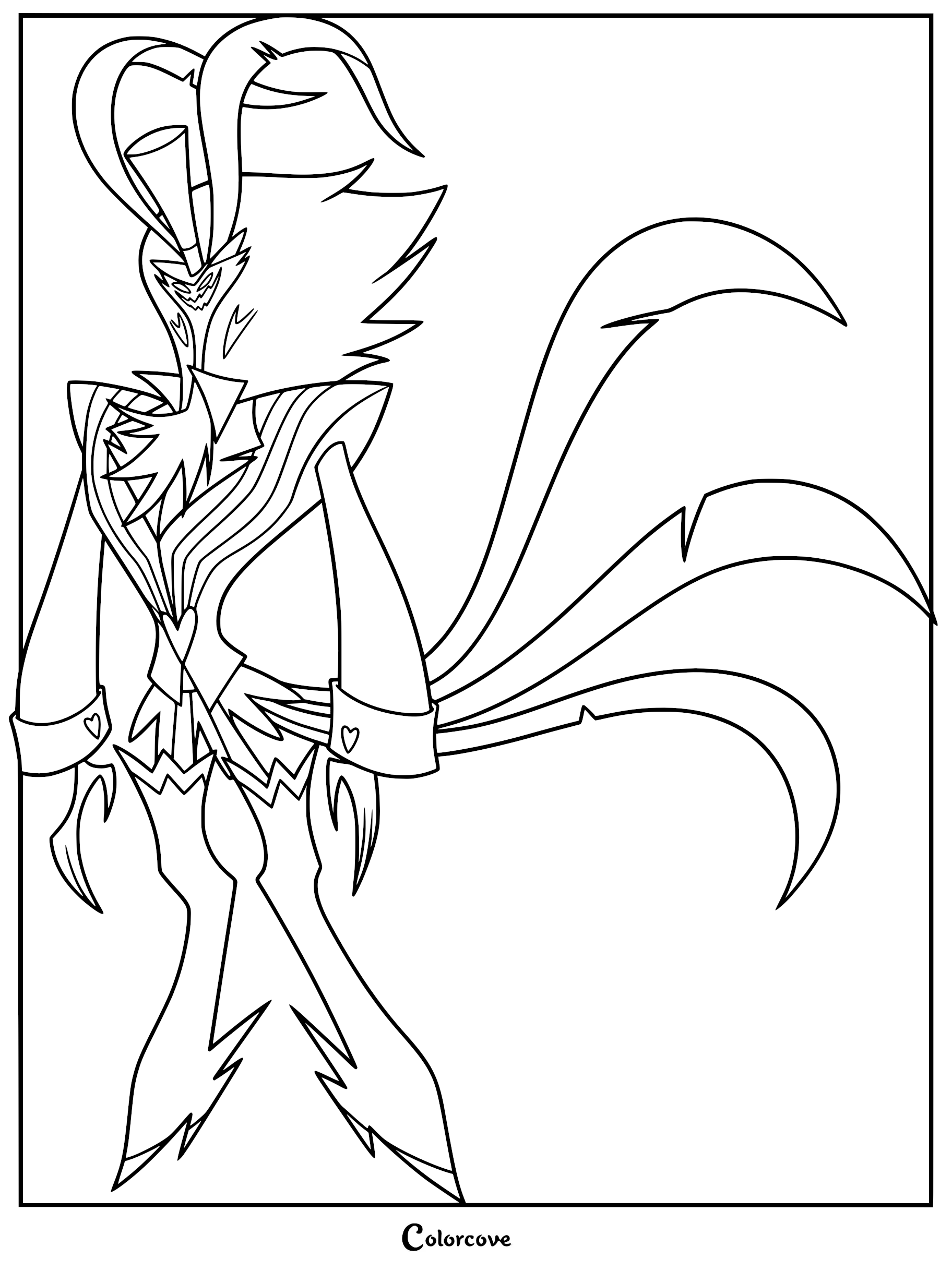 A detailed line art coloring page of Asmodeus from Helluva Boss, featuring his tall, slender frame, signature top hat, and long, flowing tail feathers.