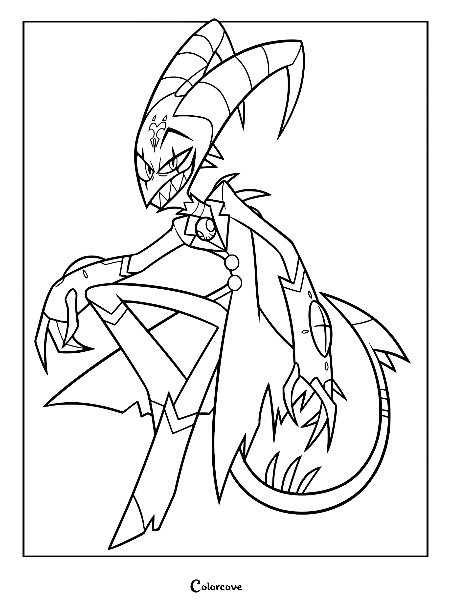 A printable coloring page featuring Blitzo from Helluva Boss in a dynamic, crouching pose with his signature horns and sharp grin.