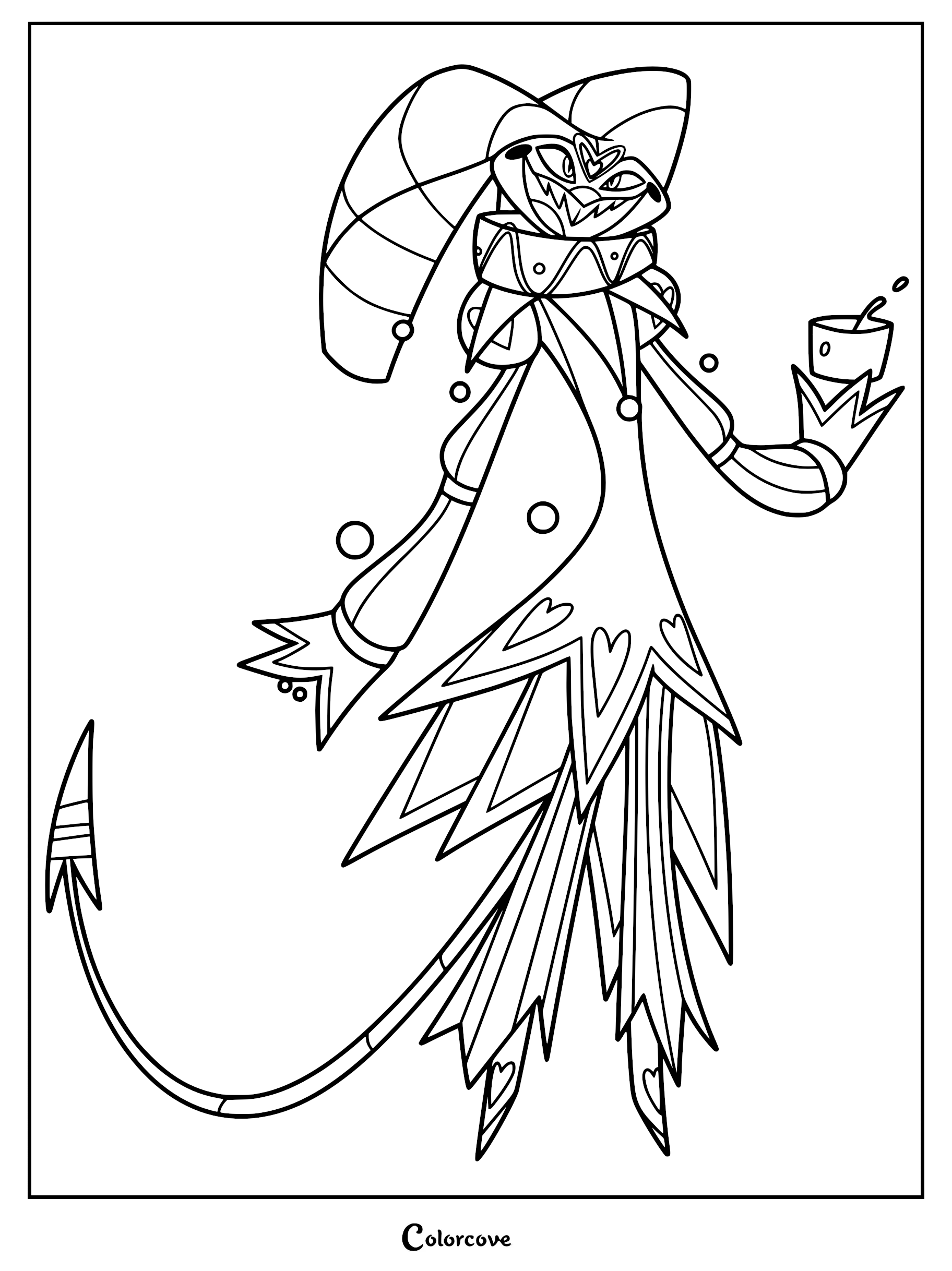 A detailed line art coloring page of Fizzarolli from Helluva Boss, wearing his jester outfit and holding a small cup.