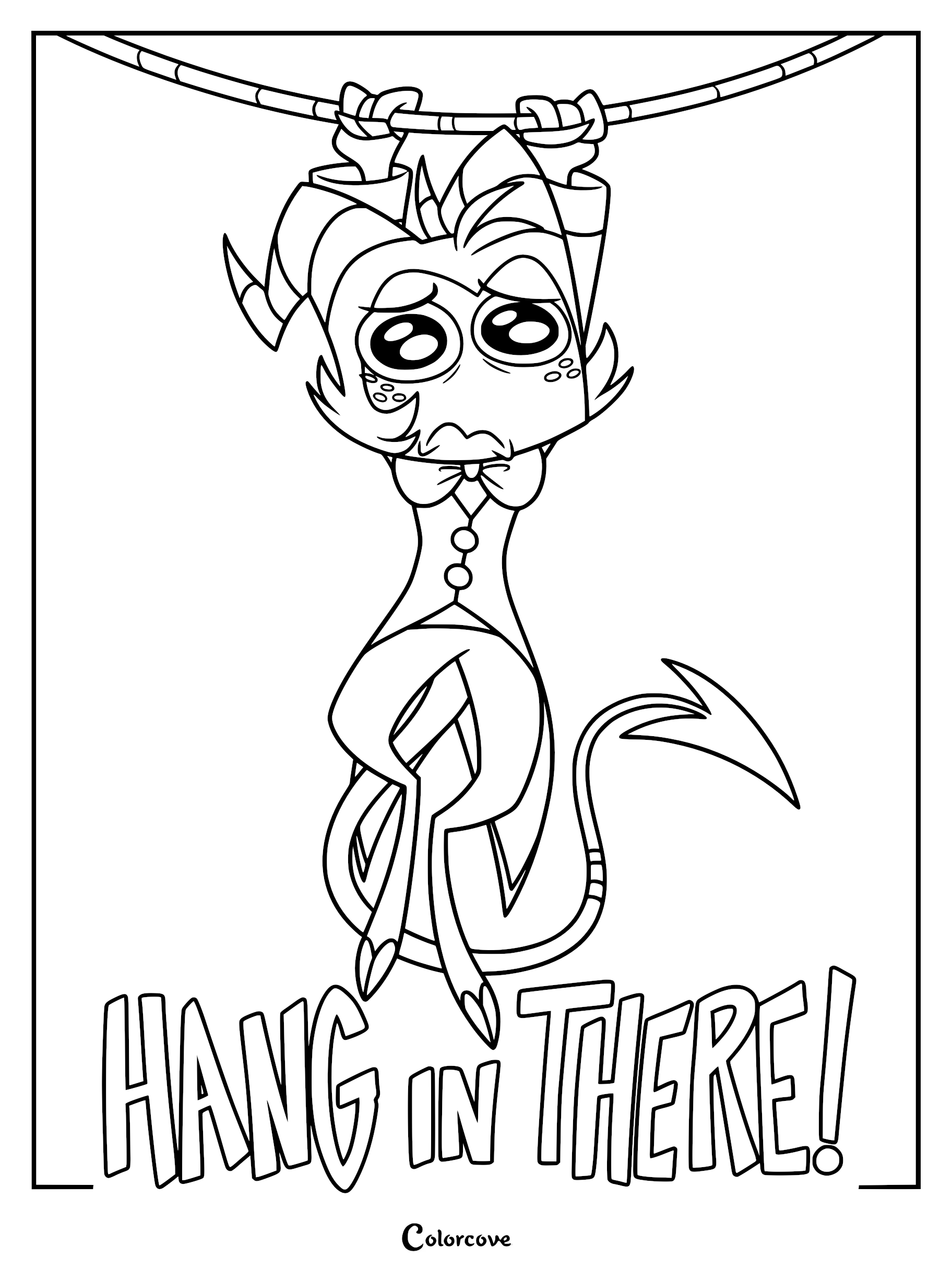 Moxxie from Helluva Boss hanging from a rope with a sad expression, featured in a printable coloring page with the text Hang In There.