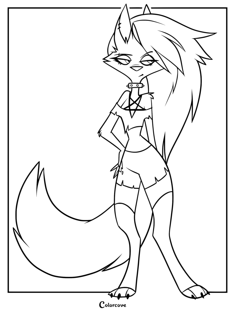 Loona from Helluva Boss standing with a cynical expression, wearing her signature pentagram crop top and spiked collar in this printable coloring page.