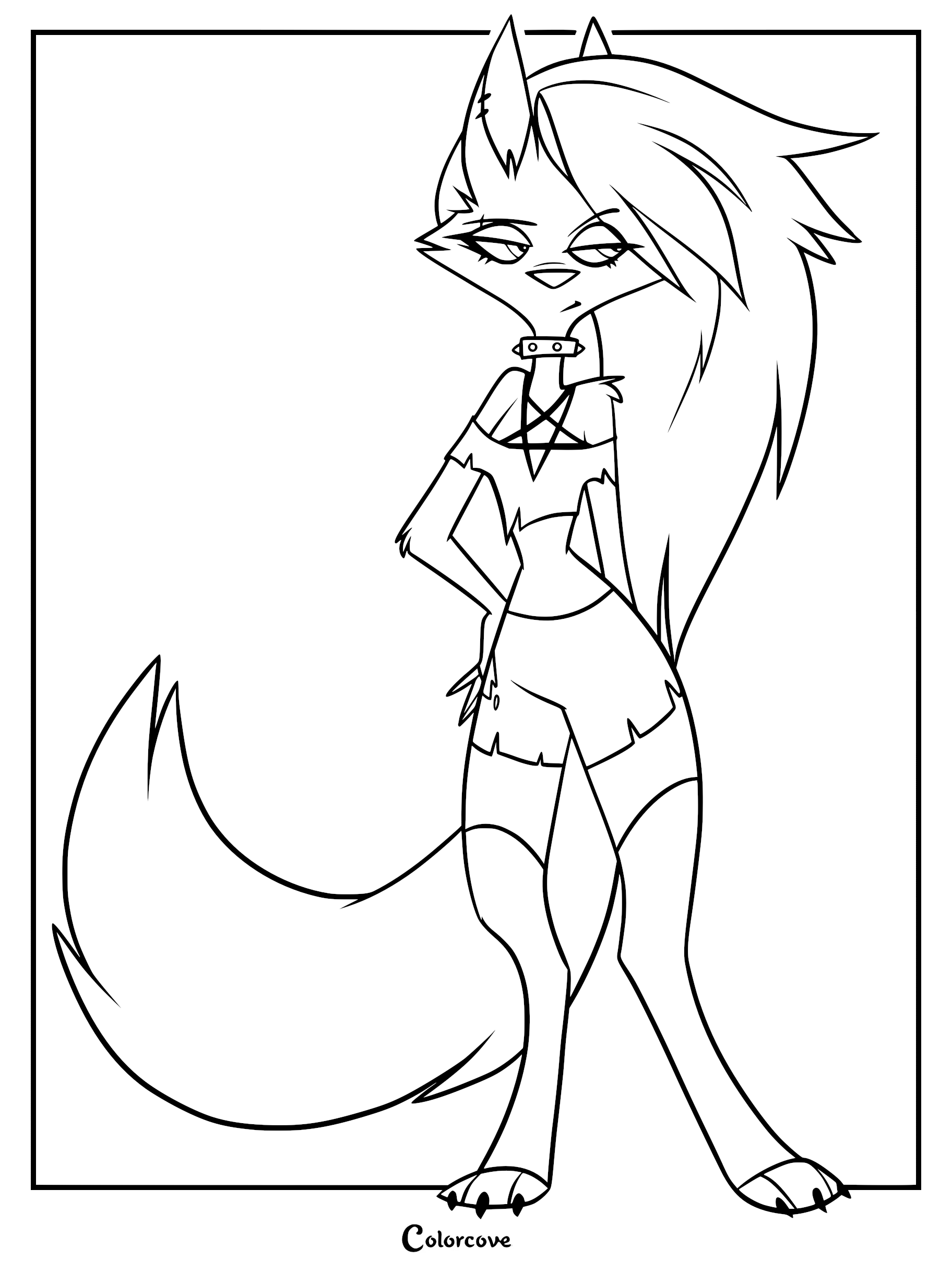 Loona from Helluva Boss standing with a cynical expression, wearing her signature pentagram crop top and spiked collar in this printable coloring page.