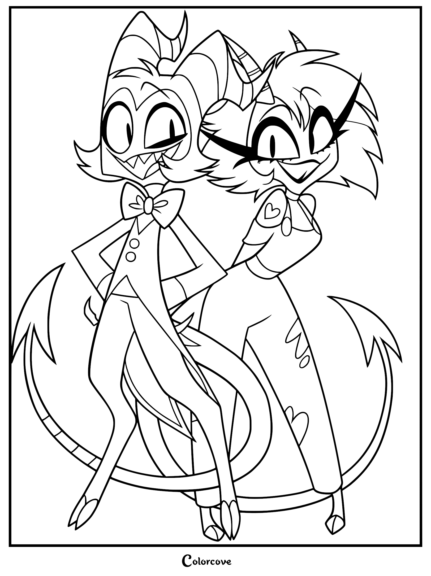 A black and white line art coloring page featuring Moxxie and Millie from Helluva Boss standing back-to-back with happy expressions.