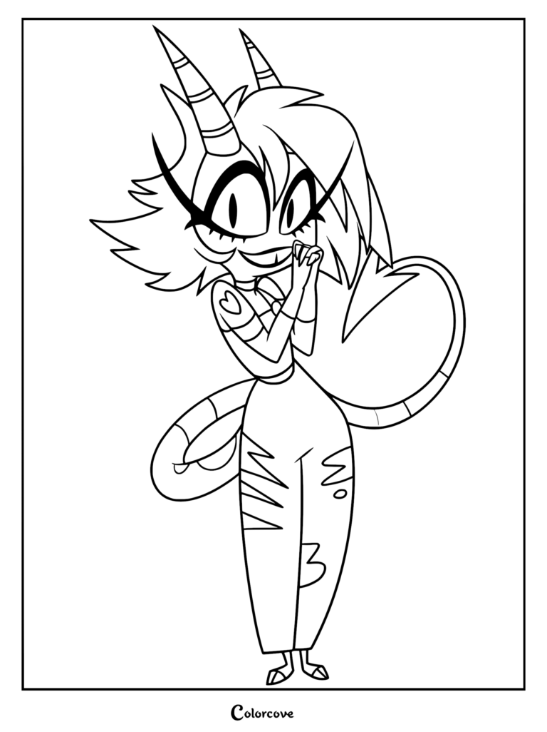 Millie from Helluva Boss standing with hands clasped near her face in a coloring page style line art illustration.