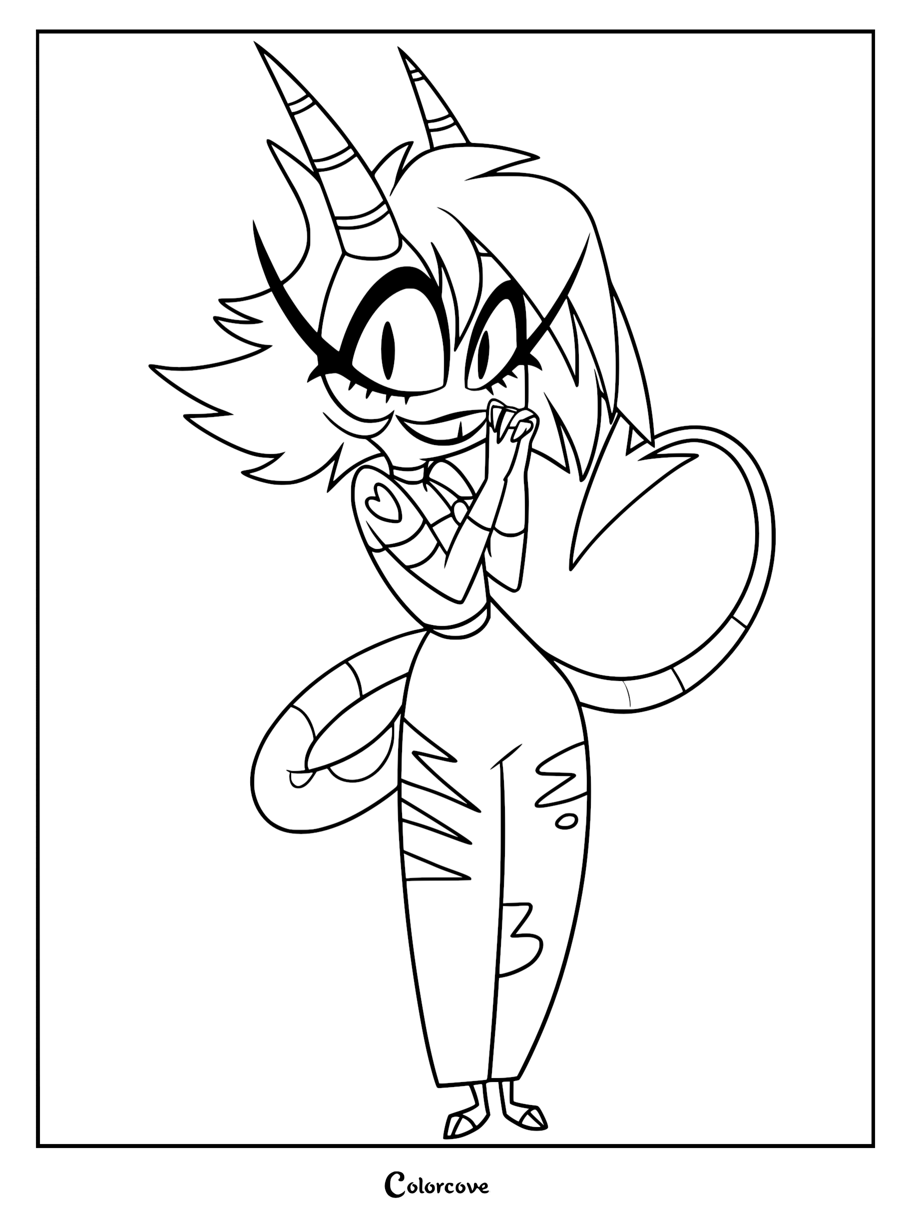 Millie from Helluva Boss standing with hands clasped near her face in a coloring page style line art illustration.