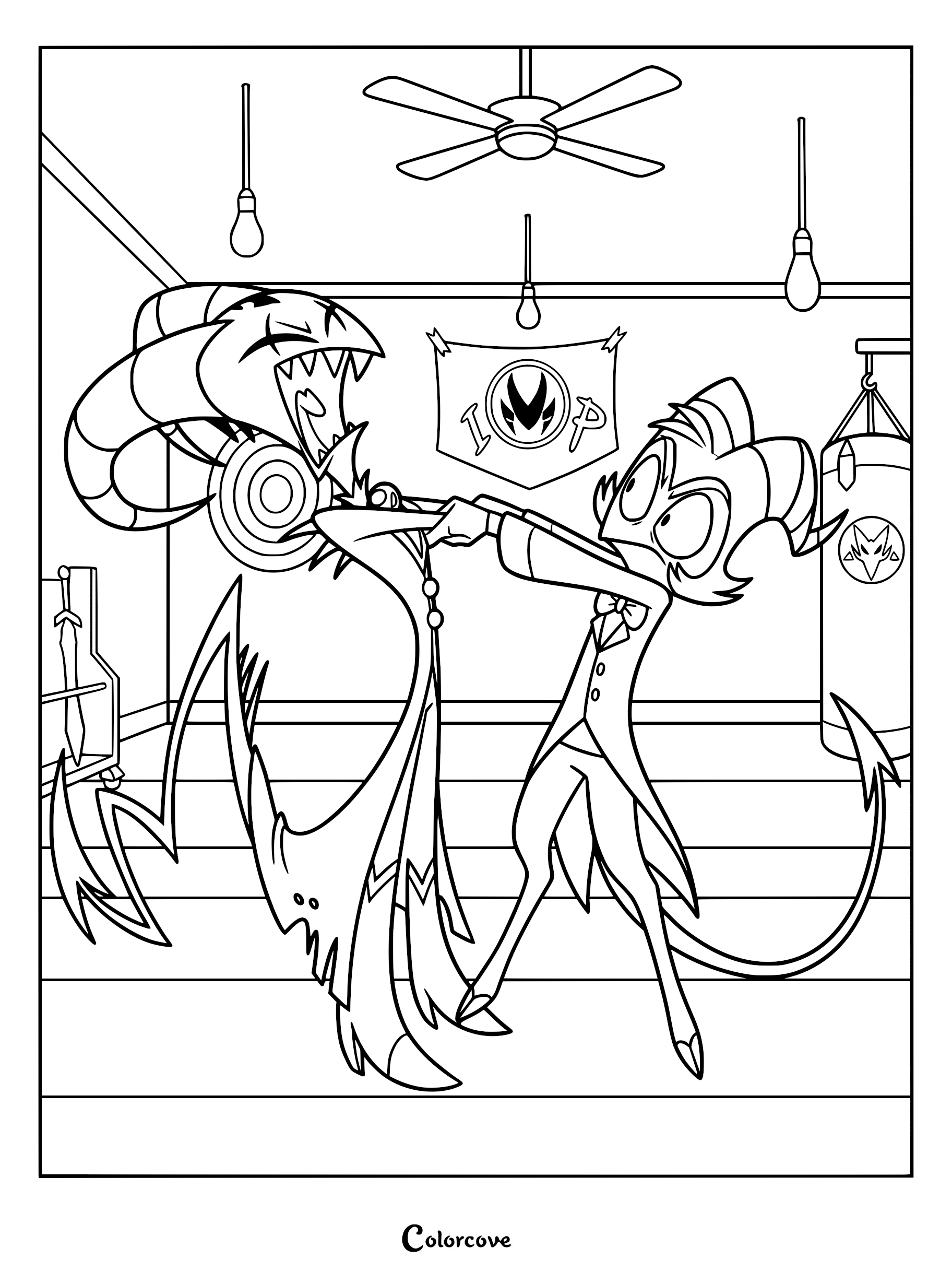 Moxxie grabbing Blitzo by the collar in a heated argument inside the I.M.P. office, featured as a printable coloring page.