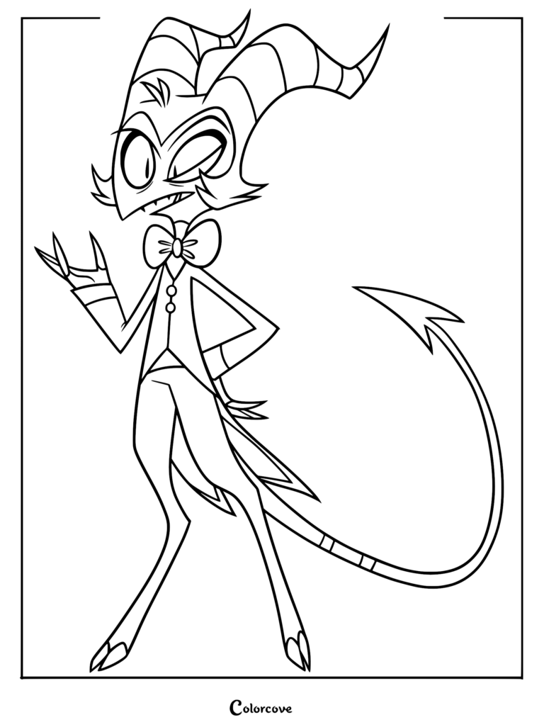 A printable coloring page featuring Moxxie from Helluva Boss wearing a formal suit and bowtie with a confident expression.