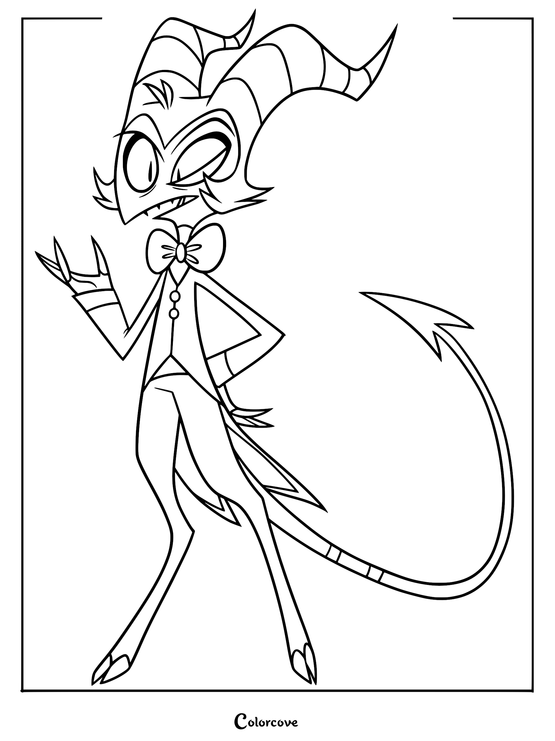 A printable coloring page featuring Moxxie from Helluva Boss wearing a formal suit and bowtie with a confident expression.