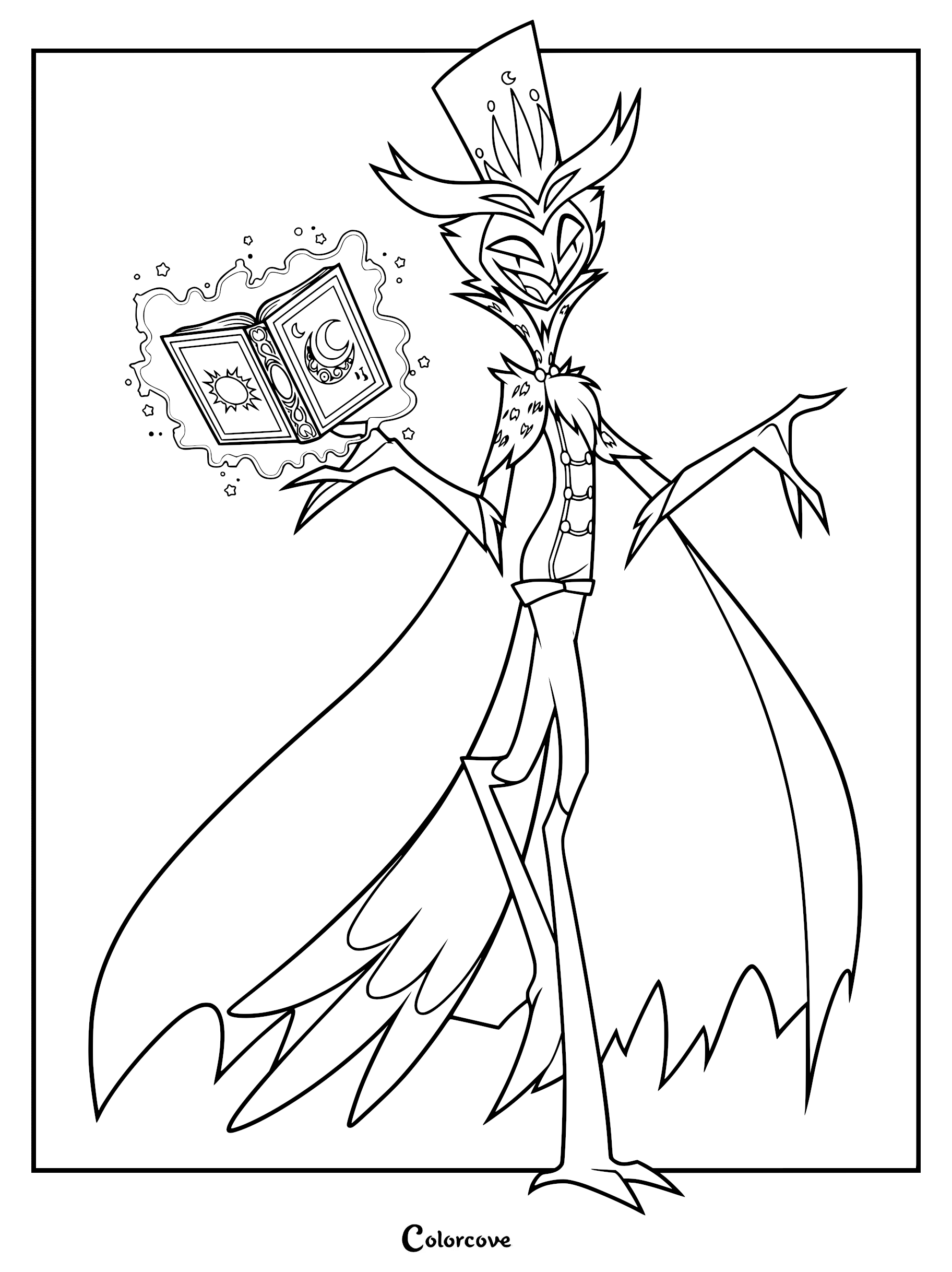 Stolas from Helluva Boss holding a magical floating Grimoire in this printable coloring page.