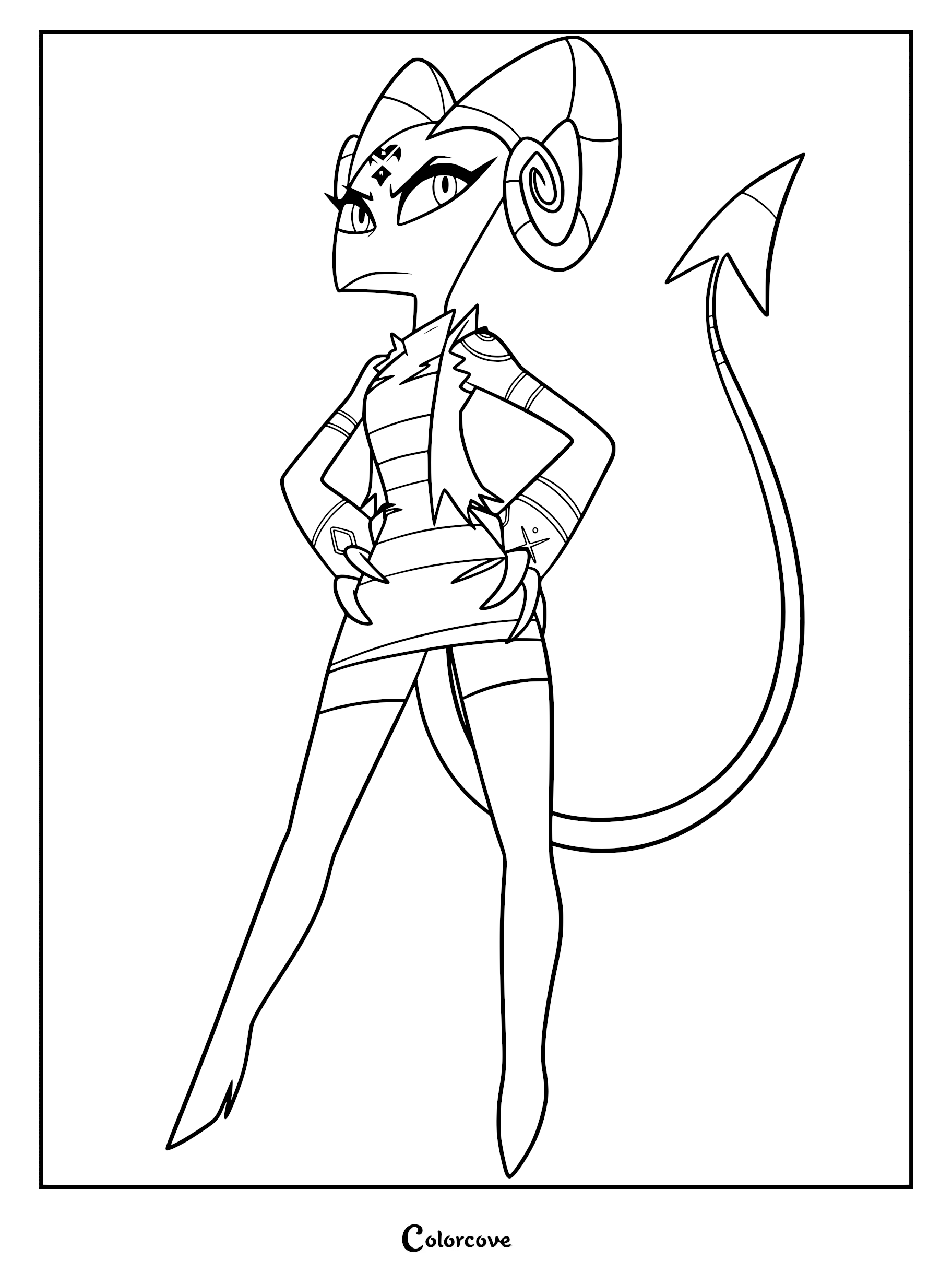 A printable coloring page featuring Barbie Wire from Helluva Boss standing with her hands on her hips, showcasing her signature horns, striped outfit, and pointed tail.