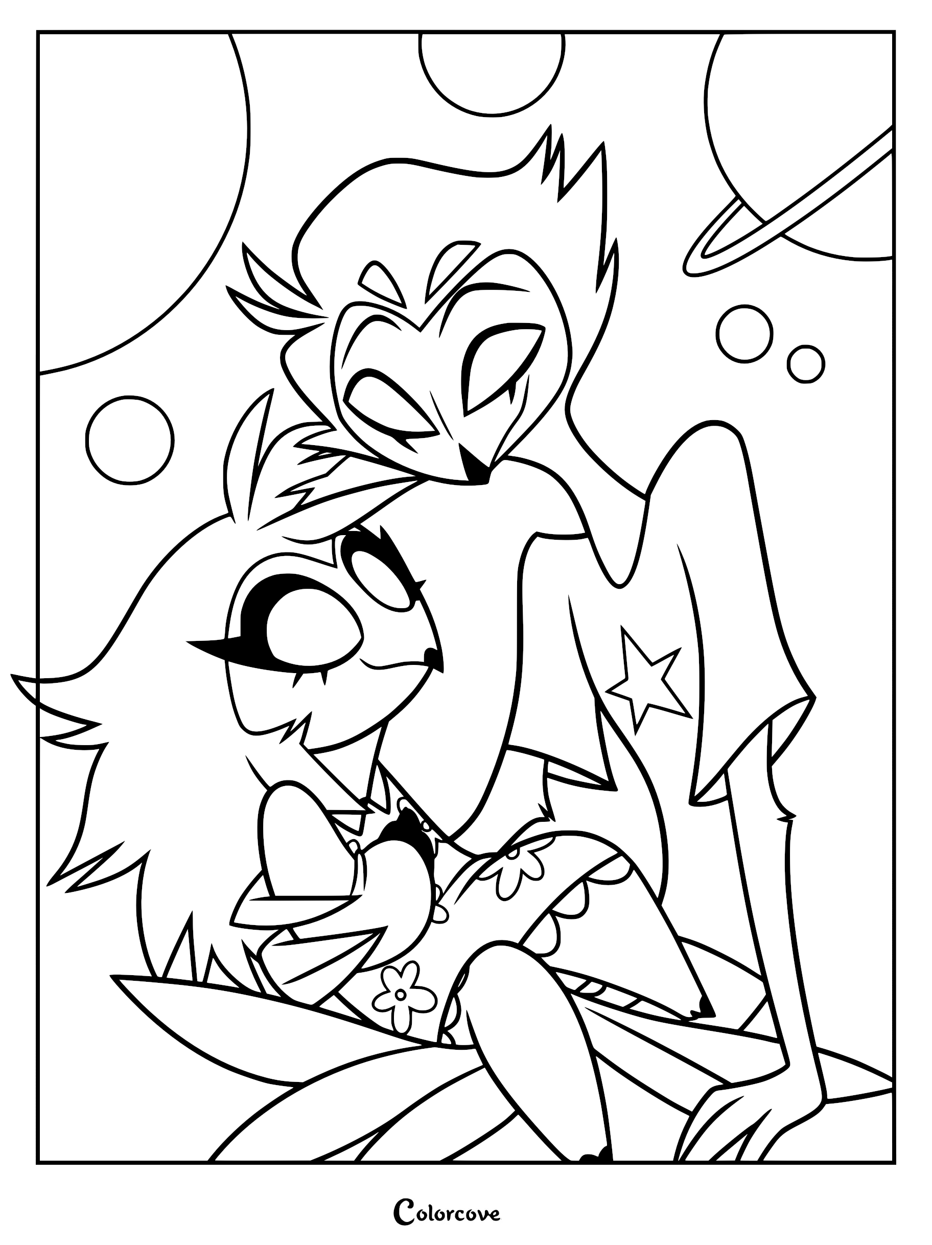 A black and white line art coloring page featuring Stolas holding his daughter Octavia in a tender embrace against a background of planets and stars.