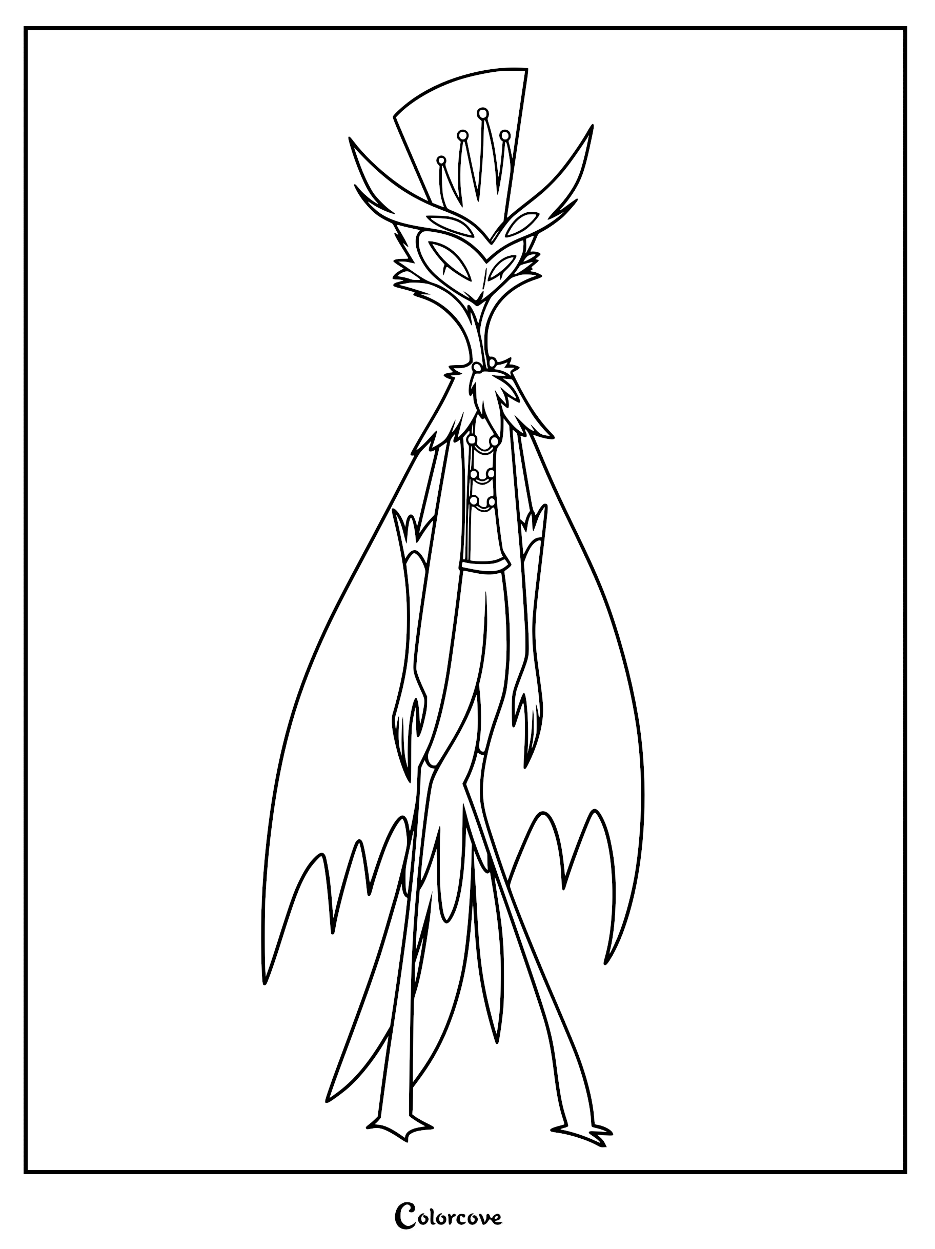 A black and white line art coloring page featuring Stolas from Helluva Boss, standing tall in his royal attire, cape, and crown.