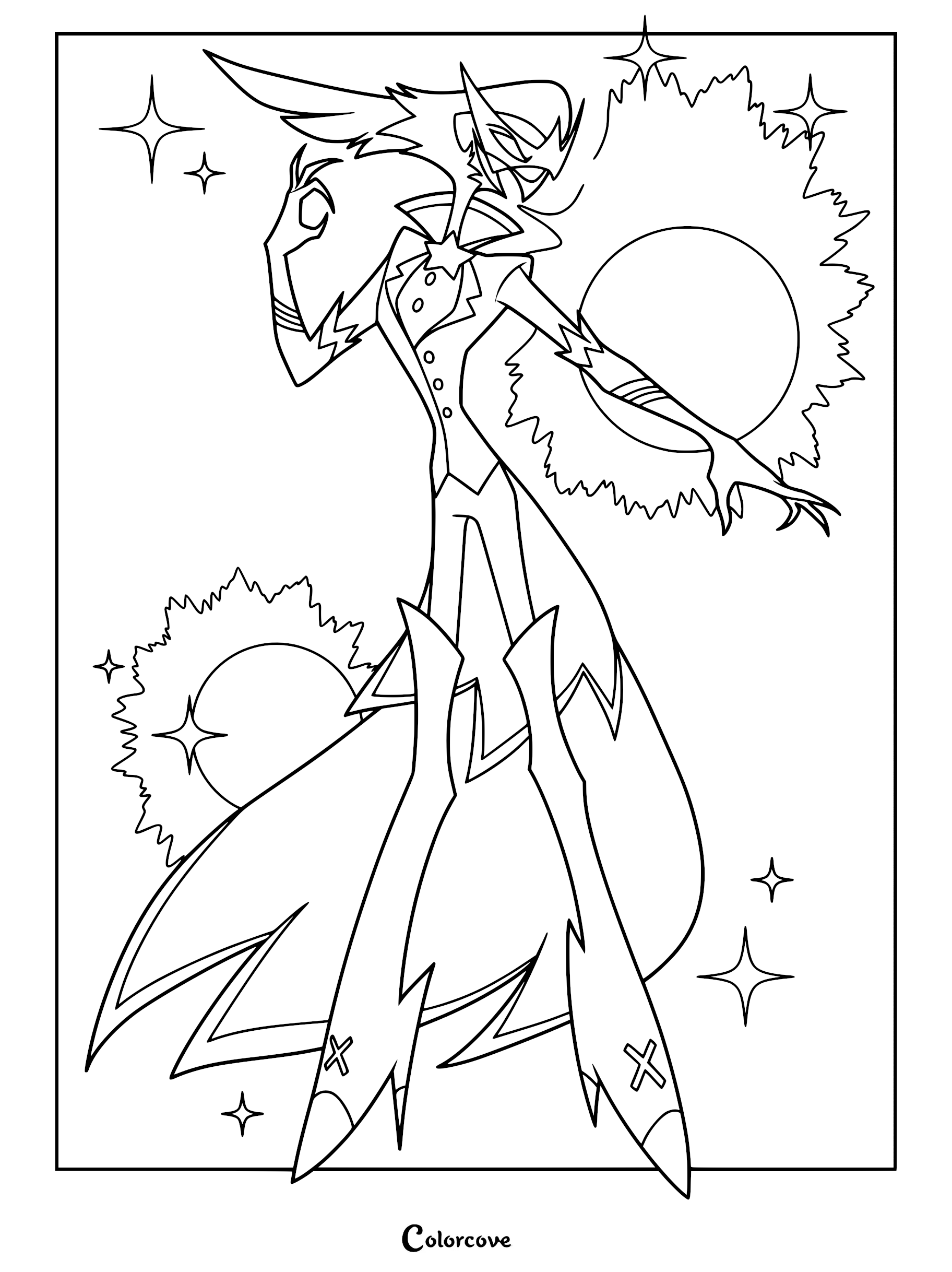 Vassago standing in a confident pose surrounded by magical energy and stars in this printable coloring page.
