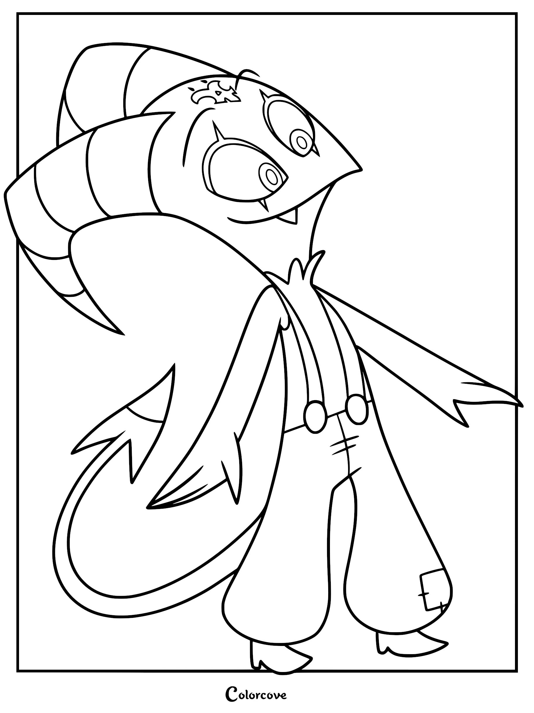 A printable coloring page featuring Young Blitzo from Helluva Boss, wearing his circus performer outfit with suspenders and a jester hat.