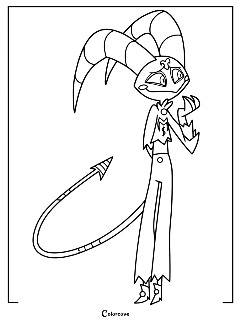 A printable coloring page featuring Young Fizzarolli with his signature jester hat, striped tail, and circus-themed outfit.