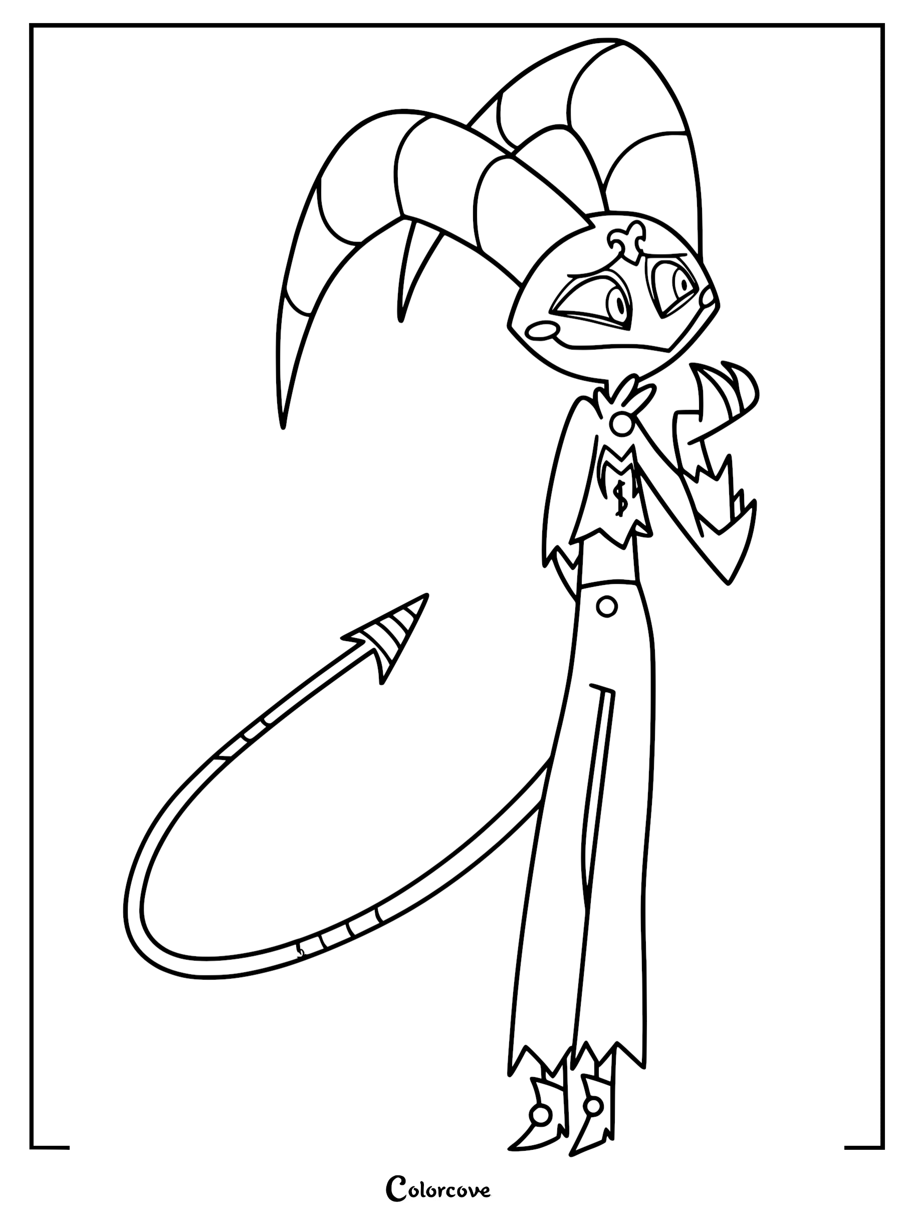 A printable coloring page featuring Young Fizzarolli with his signature jester hat, striped tail, and circus-themed outfit.