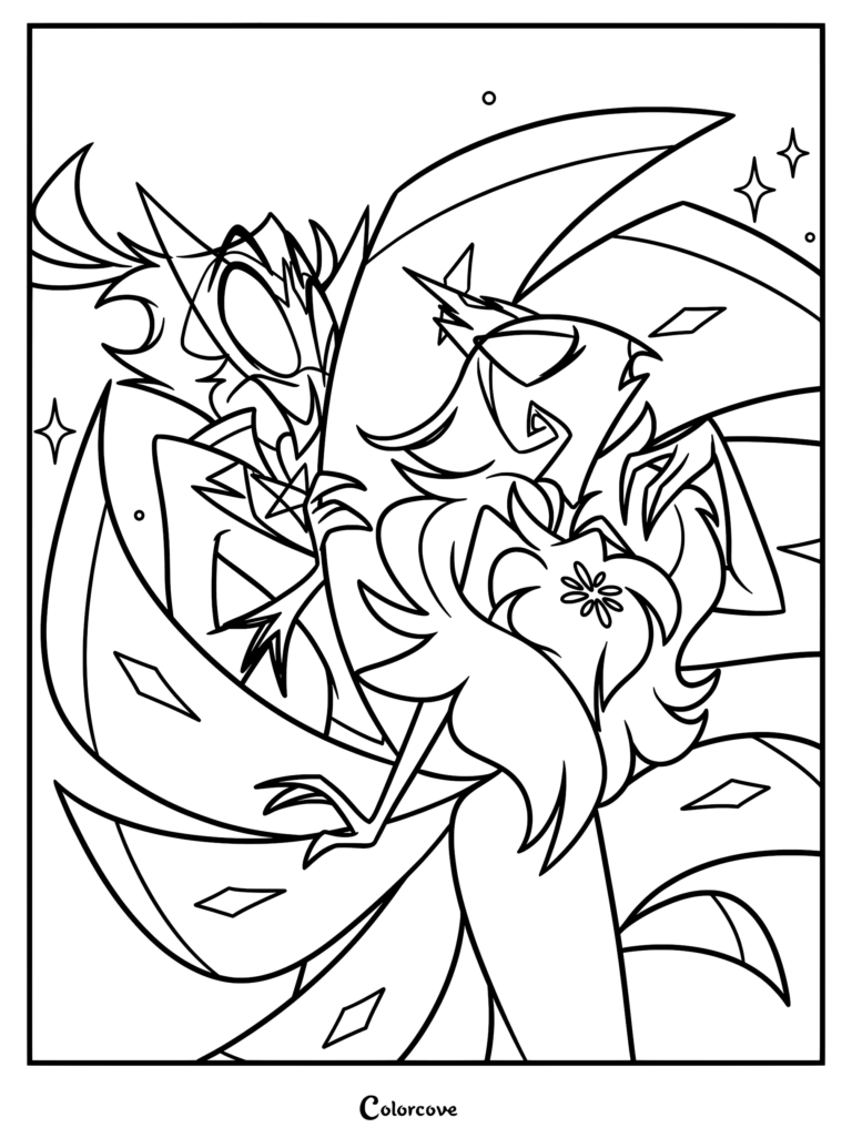 A detailed coloring page featuring Andrealphus and Vassago from Helluva Boss, showcasing their distinct Goetia demon features and elegant poses.