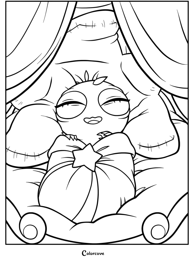 A cute coloring page featuring baby Octavia from Helluva Boss swaddled in a blanket with a star pin, resting comfortably in a crib.